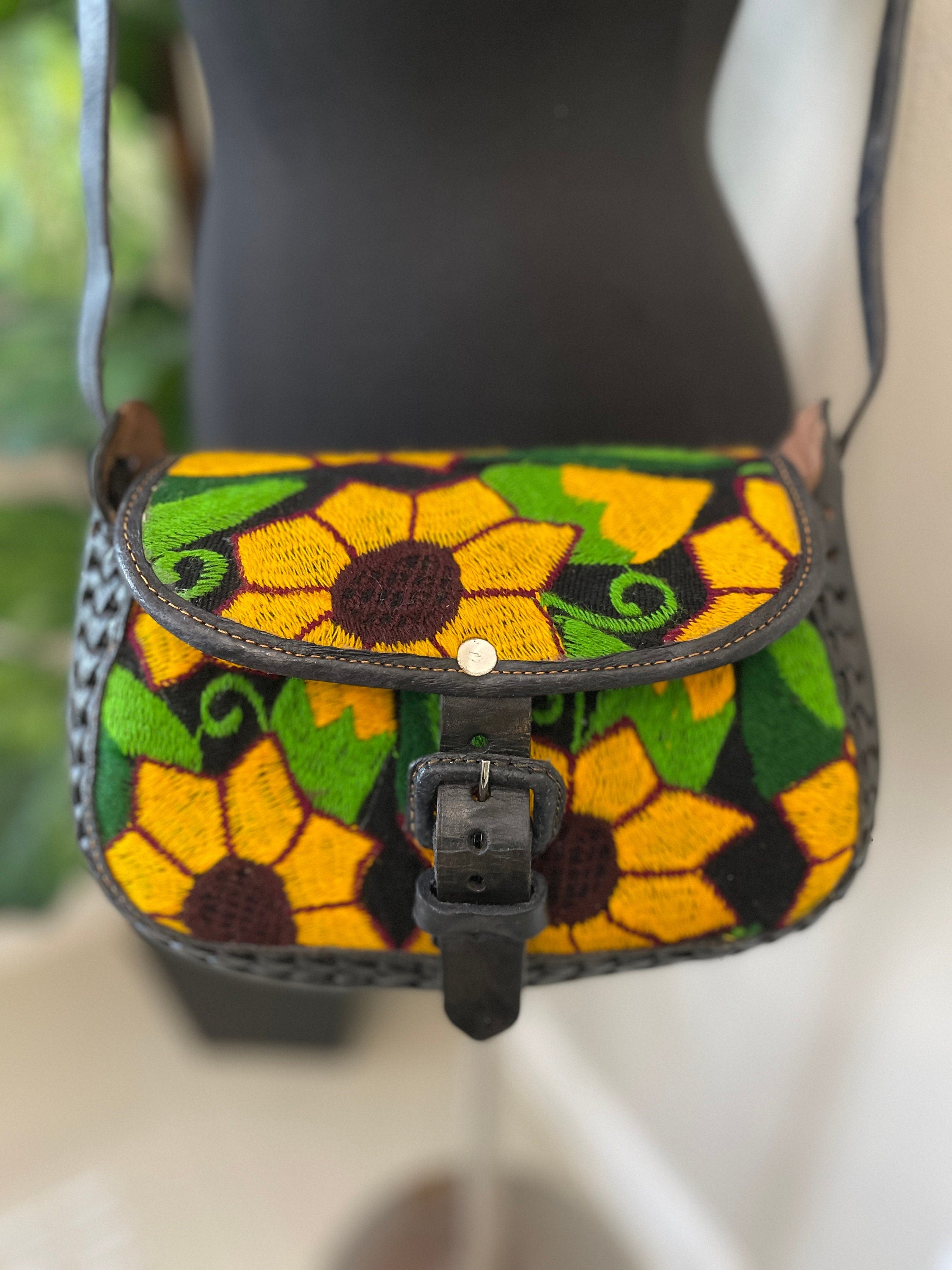 Image of Beautiful Leather Crossbody Purse - Embroidered Genuine Leather Bag
