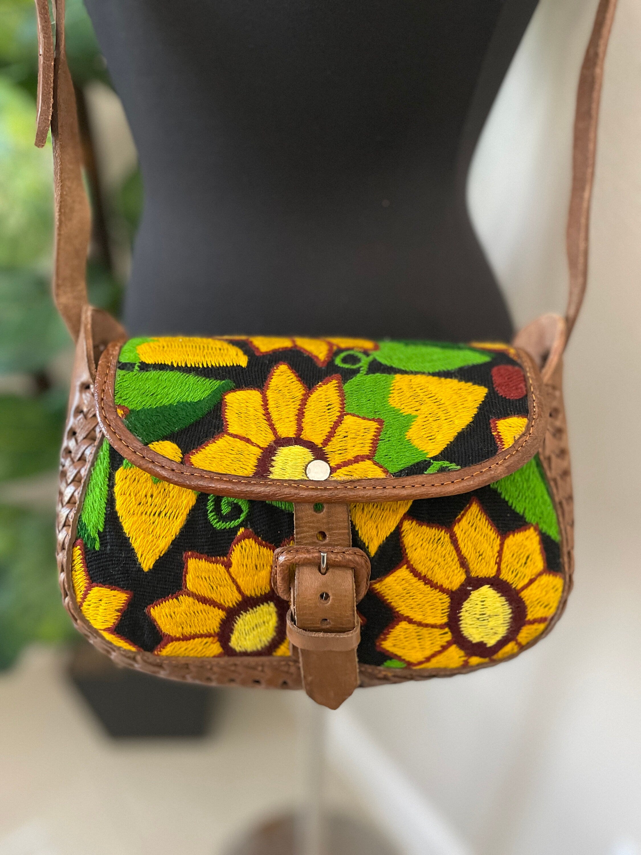 Image of Beautiful Leather Crossbody Purse - Embroidered Genuine Leather Bag
