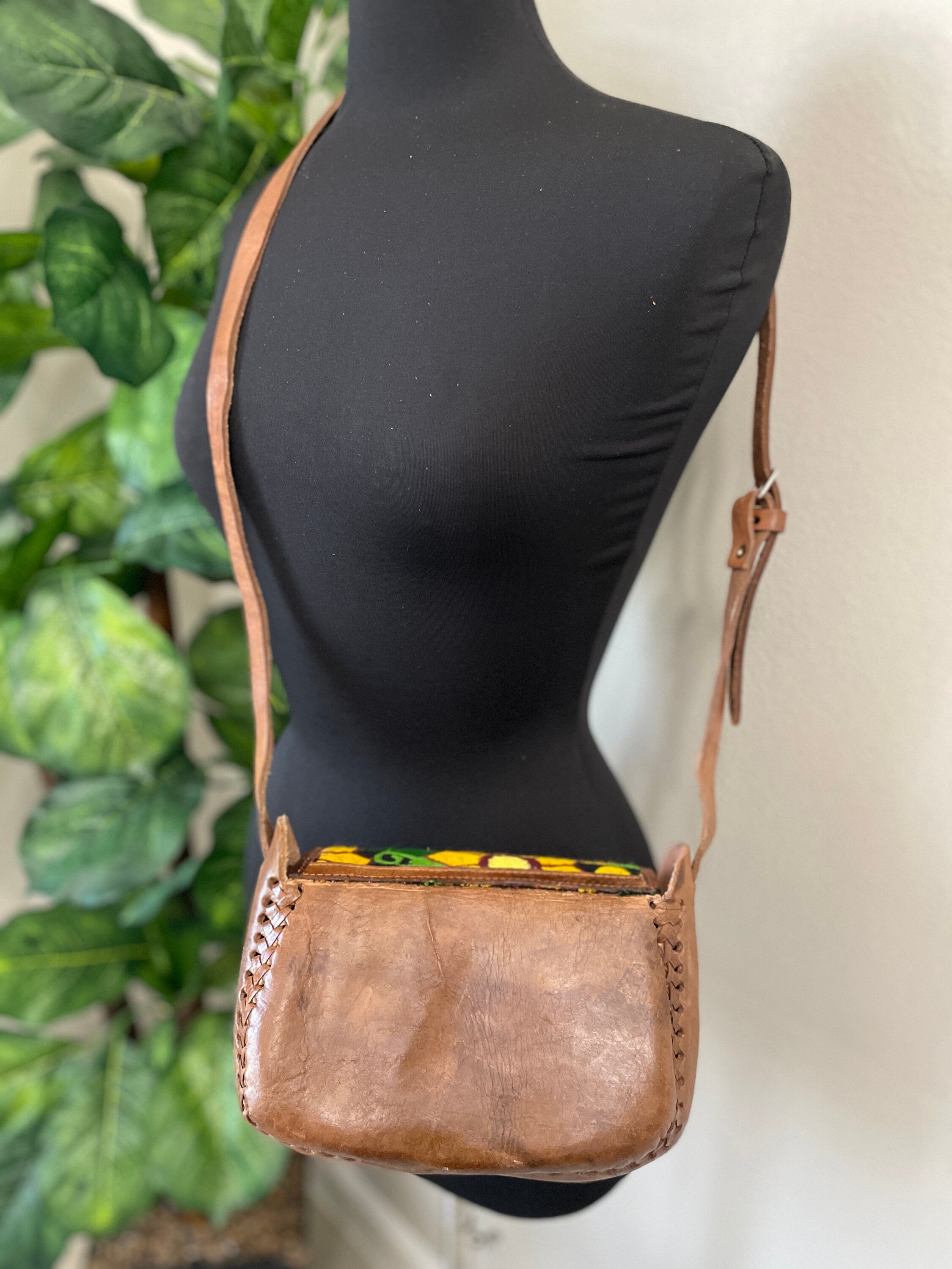 Image of Beautiful Leather Crossbody Purse - Embroidered Genuine Leather Bag