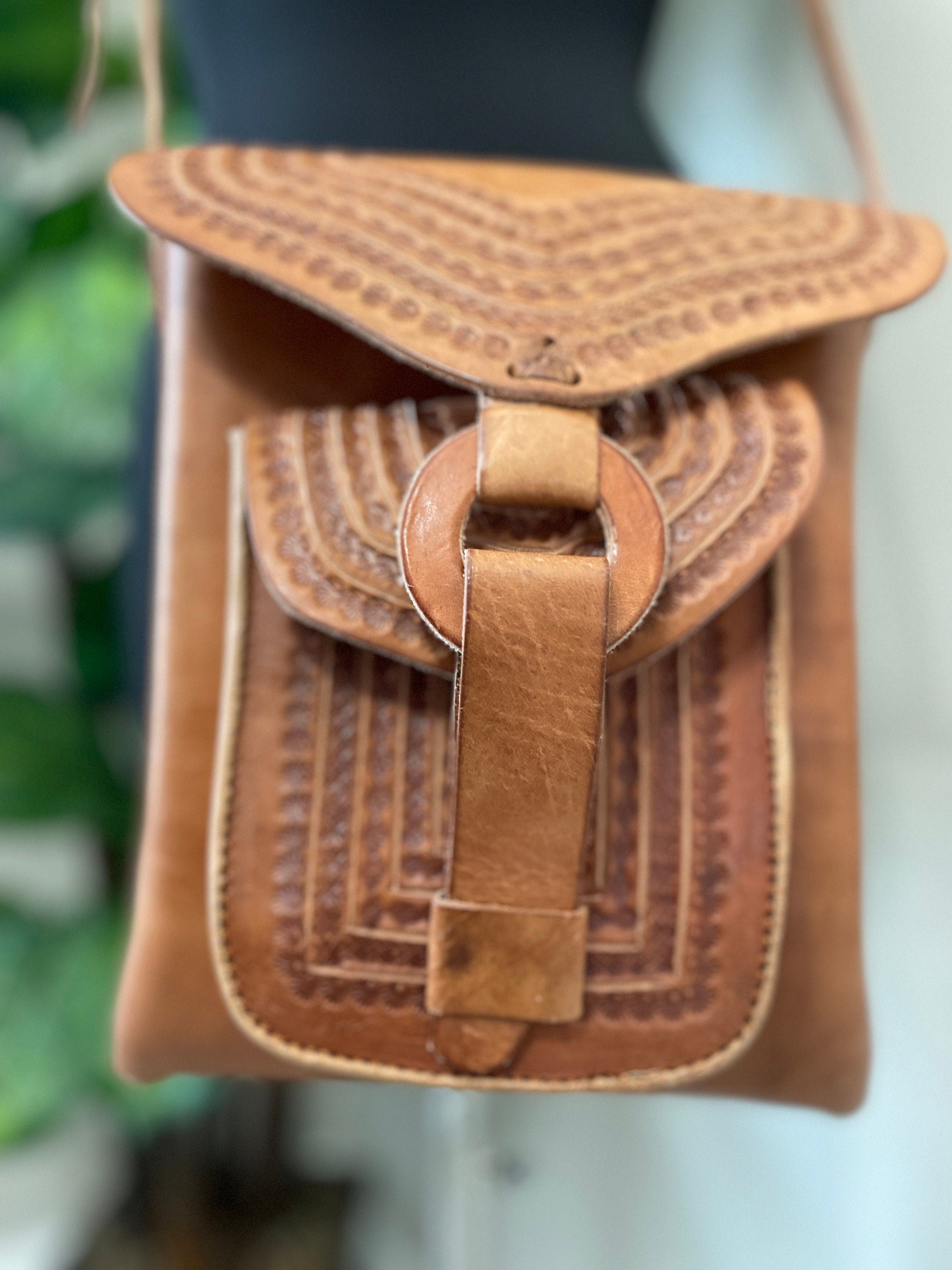 Image of Handmade Leather Crossbody Purses - Embroidered Genuine Leather Bag