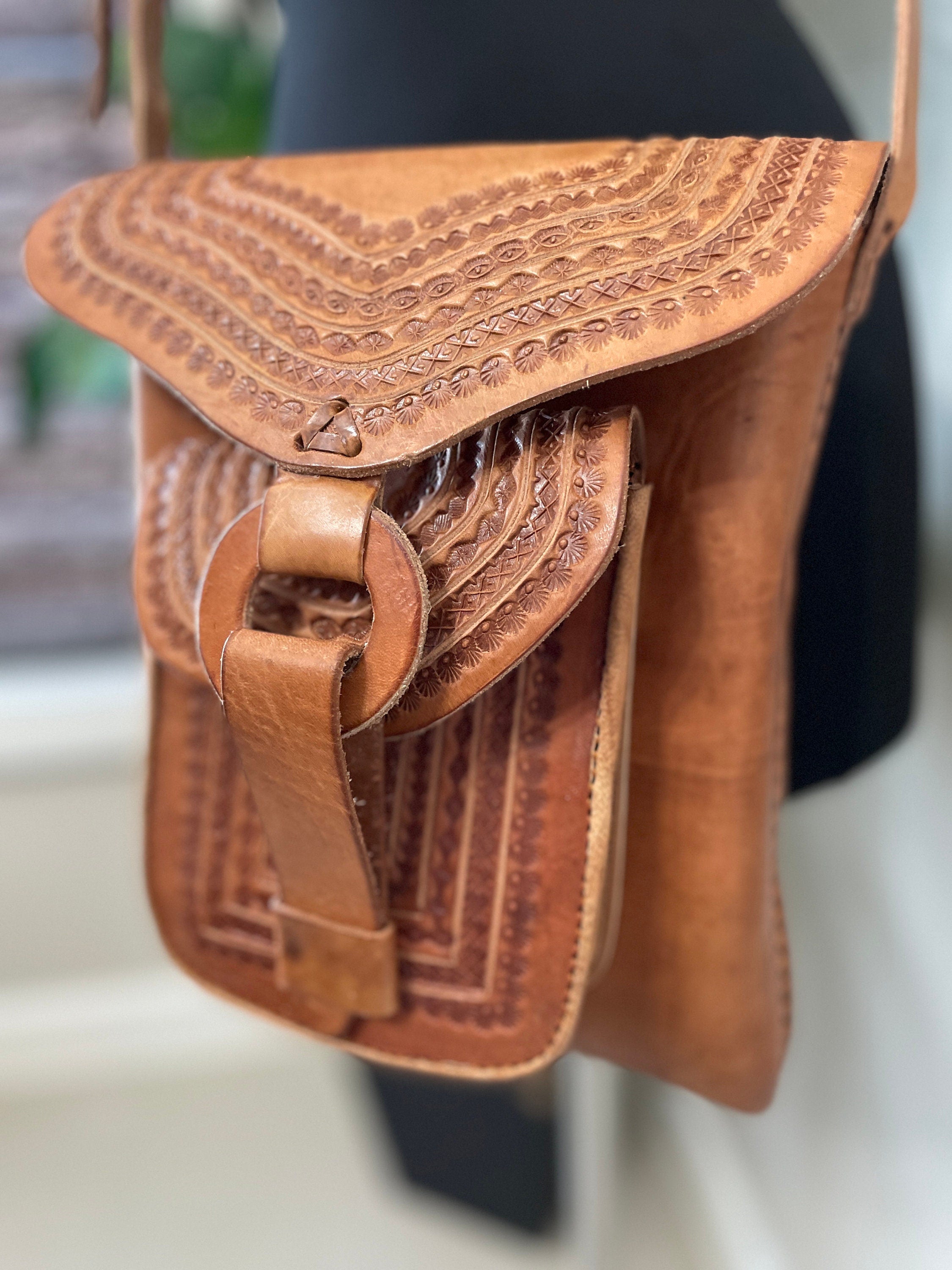 Image of Handmade Leather Crossbody Purses - Embroidered Genuine Leather Bag