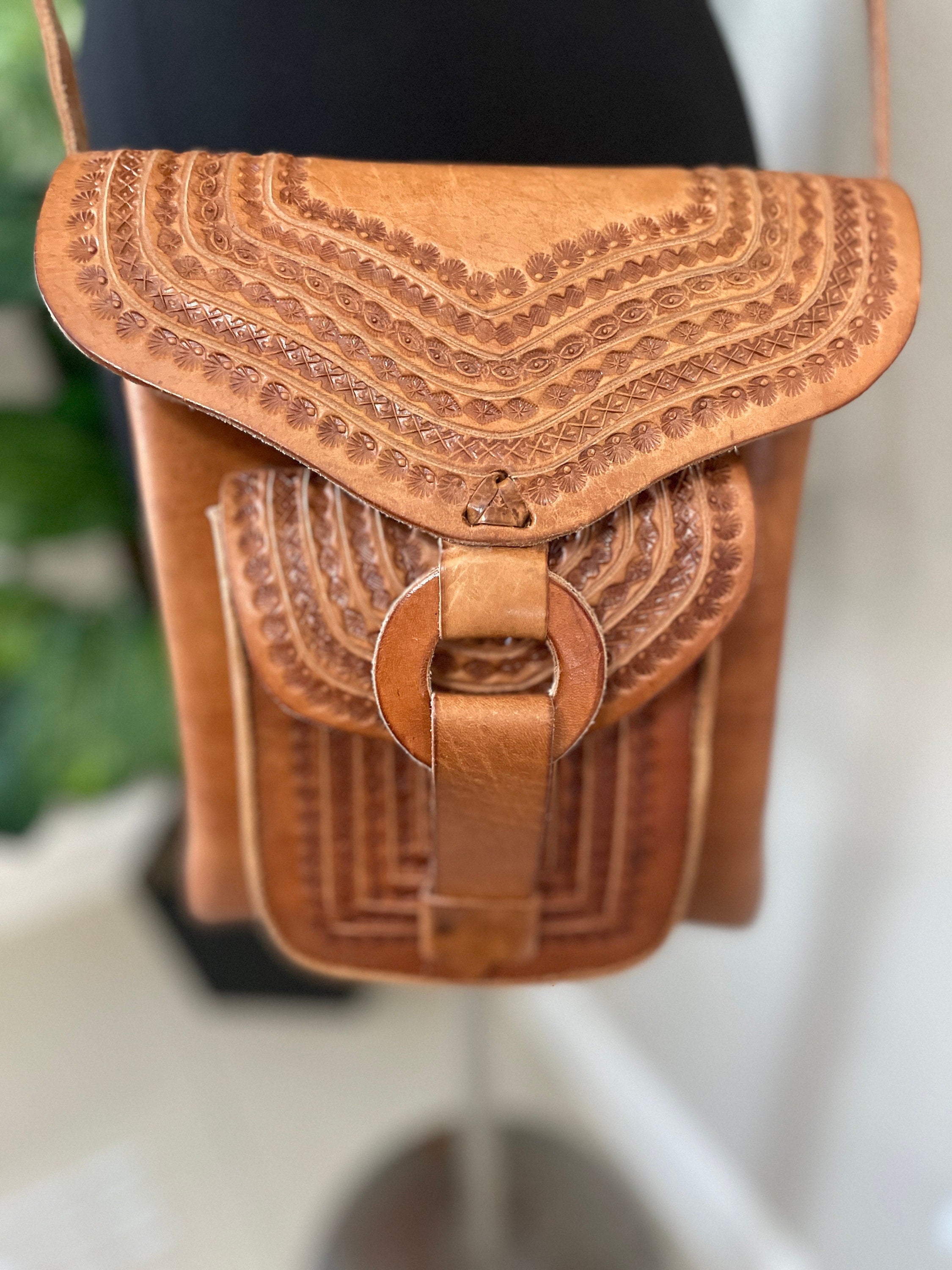 Image of Handmade Leather Crossbody Purses - Embroidered Genuine Leather Bag