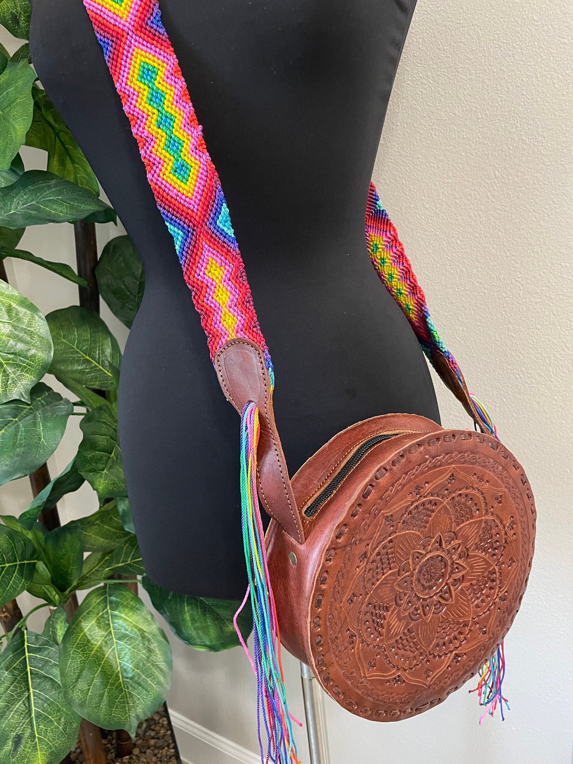 Image of Handmade Round Leather Crossbody Purses - Embroidered Genuine Leather Bag - Boho Leather Purse