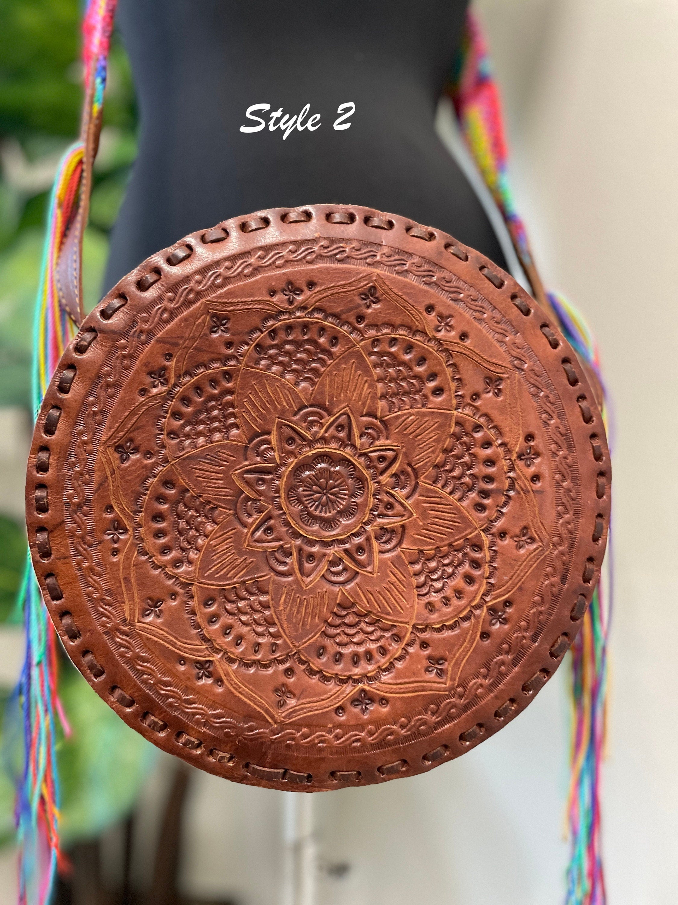 Image of Handmade Round Leather Crossbody Purses - Embroidered Genuine Leather Bag - Boho Leather Purse
