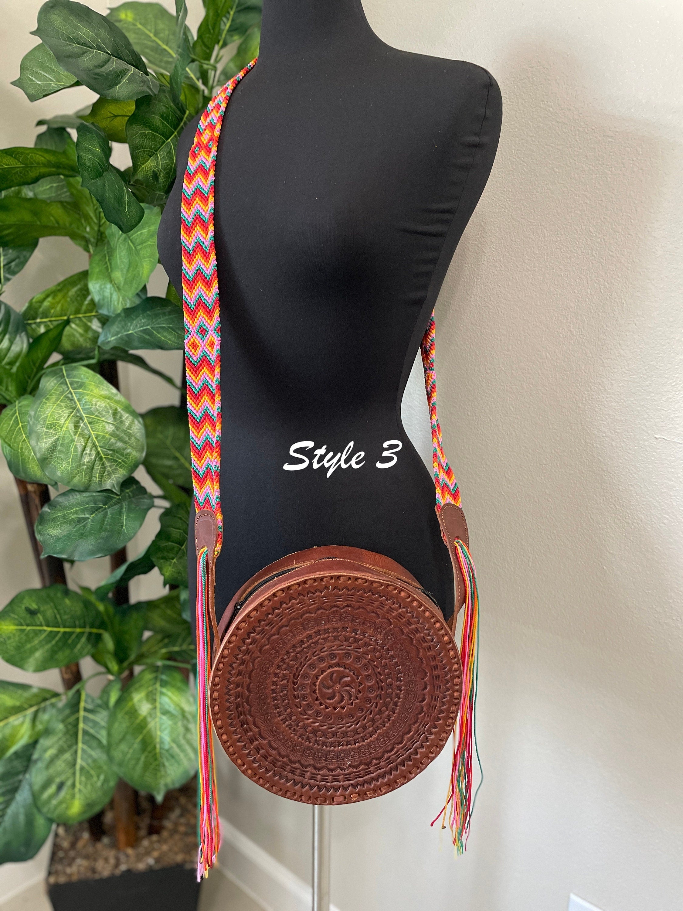 Image of Handmade Round Leather Crossbody Purses - Embroidered Genuine Leather Bag - Boho Leather Purse