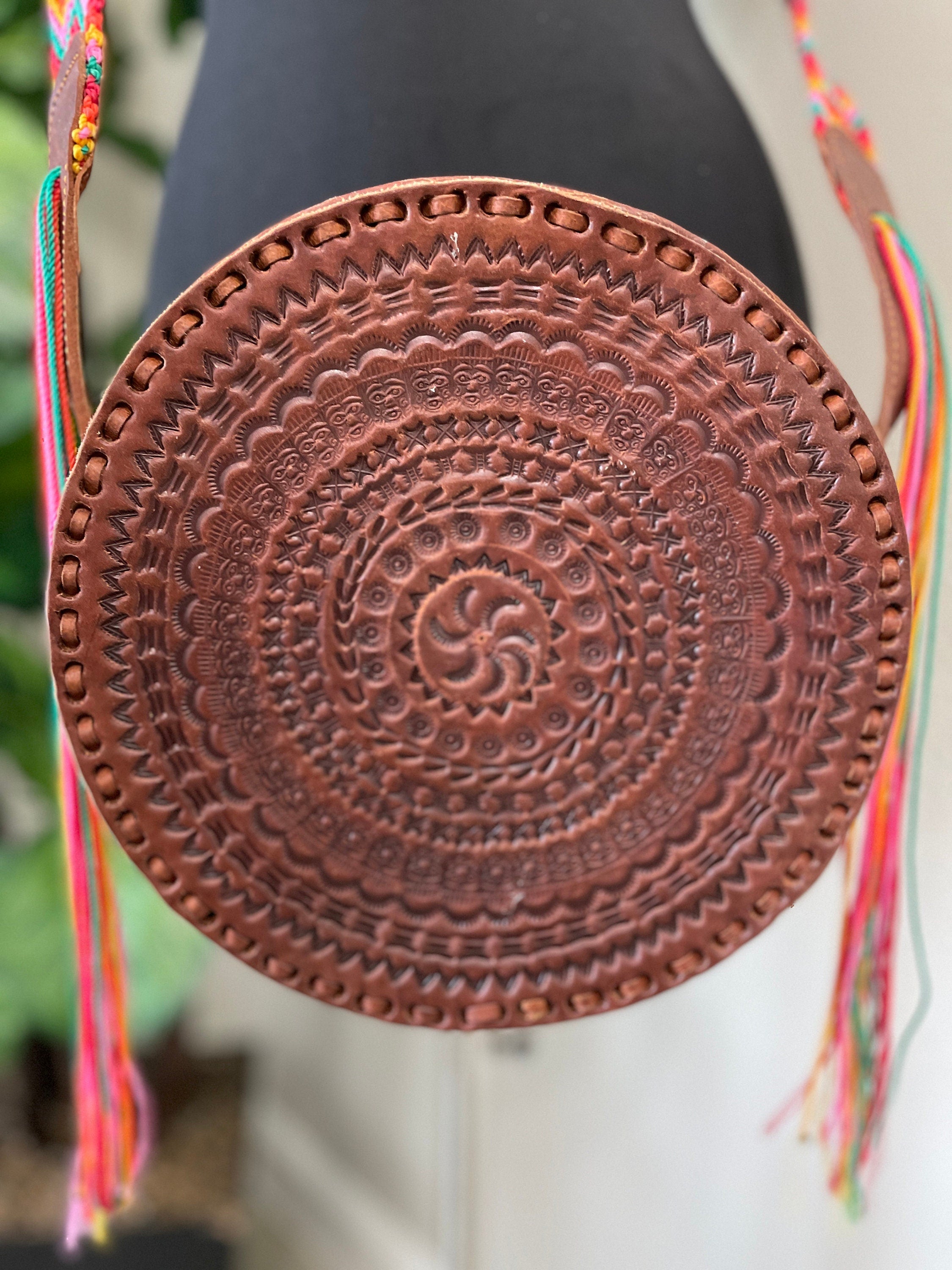 Image of Handmade Round Leather Crossbody Purses - Embroidered Genuine Leather Bag - Boho Leather Purse