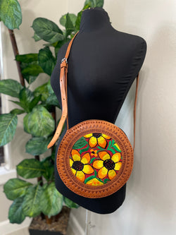 Image of Handmade Double Sided Round Leather Crossbody Purses - Embroidered Genuine Leather Bag