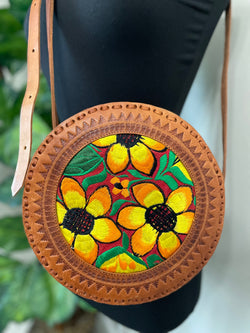 Image of Handmade Double Sided Round Leather Crossbody Purses - Embroidered Genuine Leather Bag