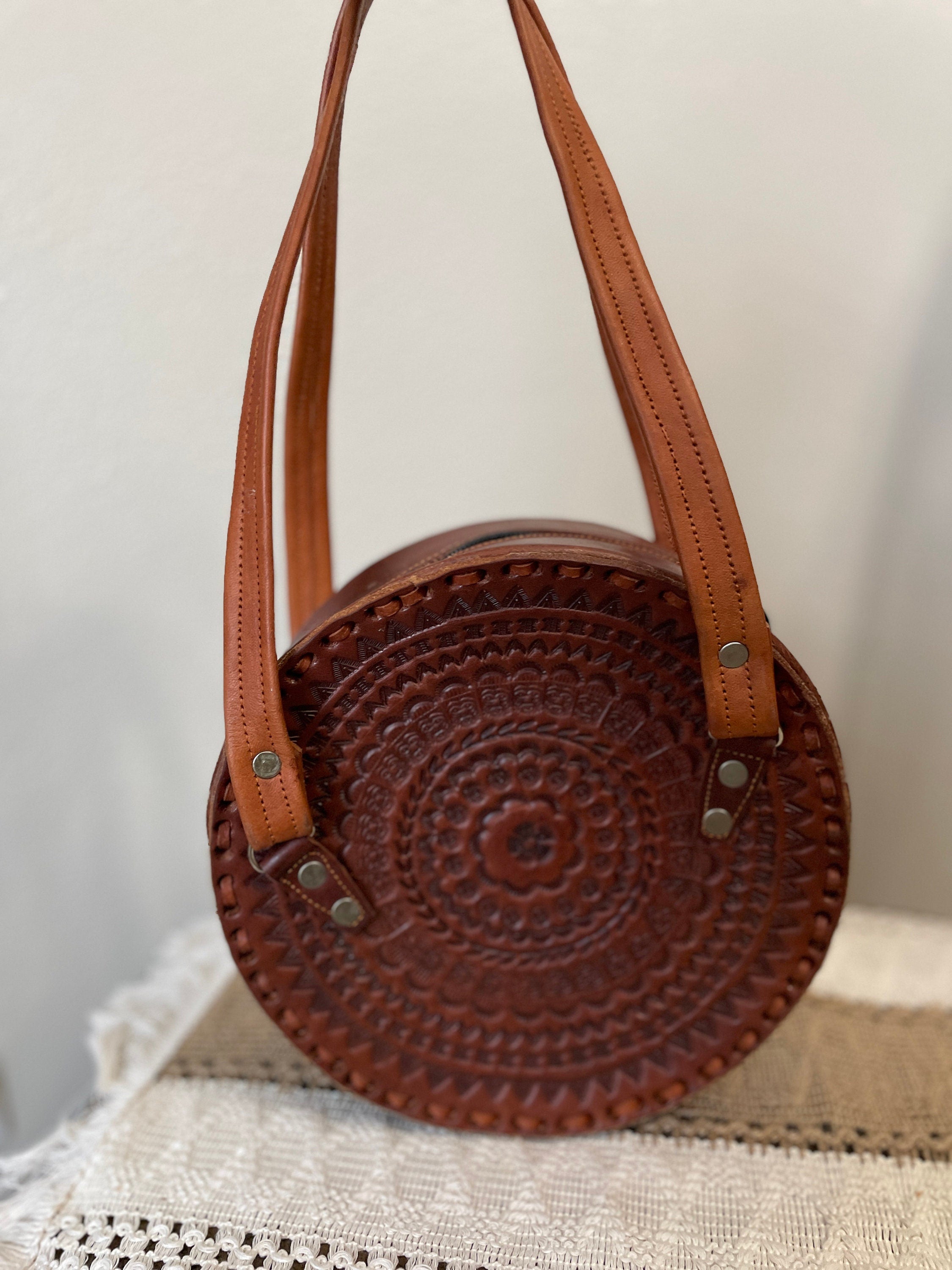 Image of Handmade Leather Crossbody Purses - Embroidered Genuine Leather Bag