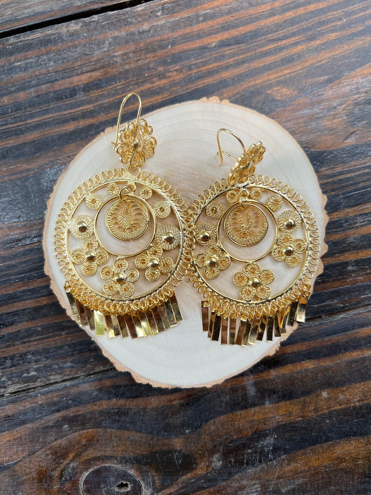 Image of Floral -Inspired Gorgeous & Elegant Mexican Artisanal Gold-Plated Filigree Earrings, beautifully made by our Artisan Oaxaca Partners