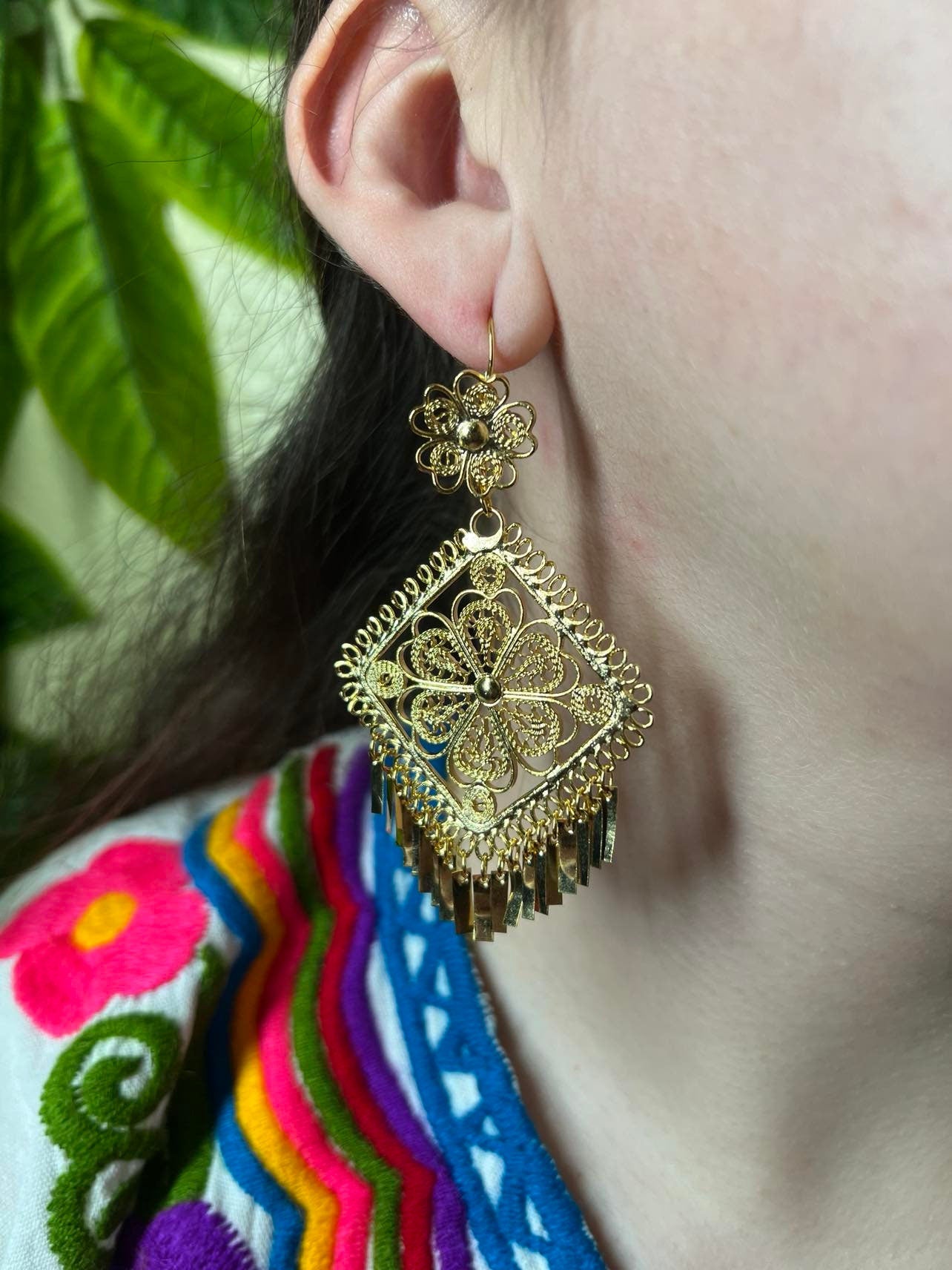 Image of Gold Filigree Earrings on earlobe. The drop length is three inches.