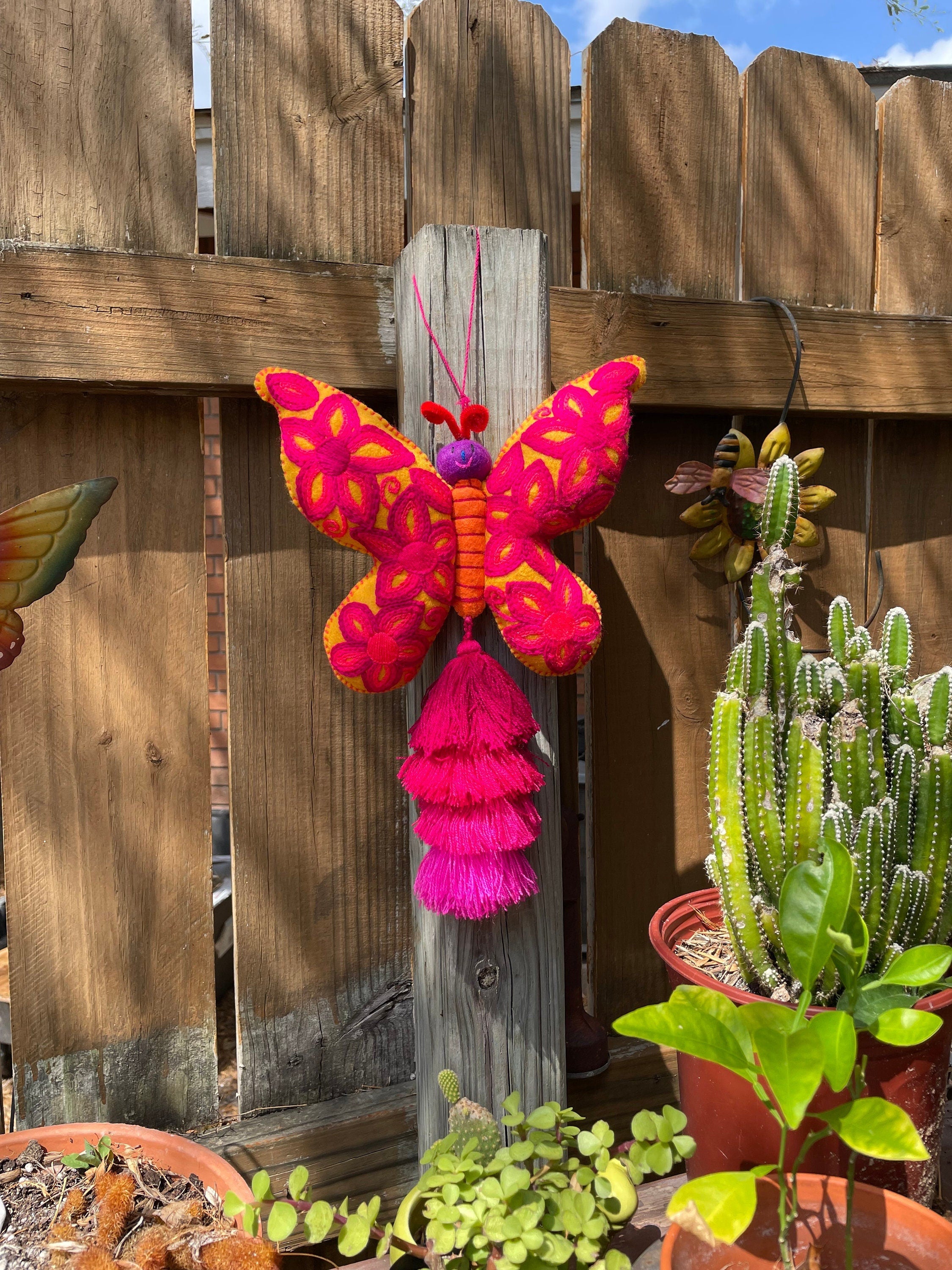 Image of Gorgeous Hand Embroidered Large Butterfly - Handmade Butterfly PomPom - Artisanal Decor