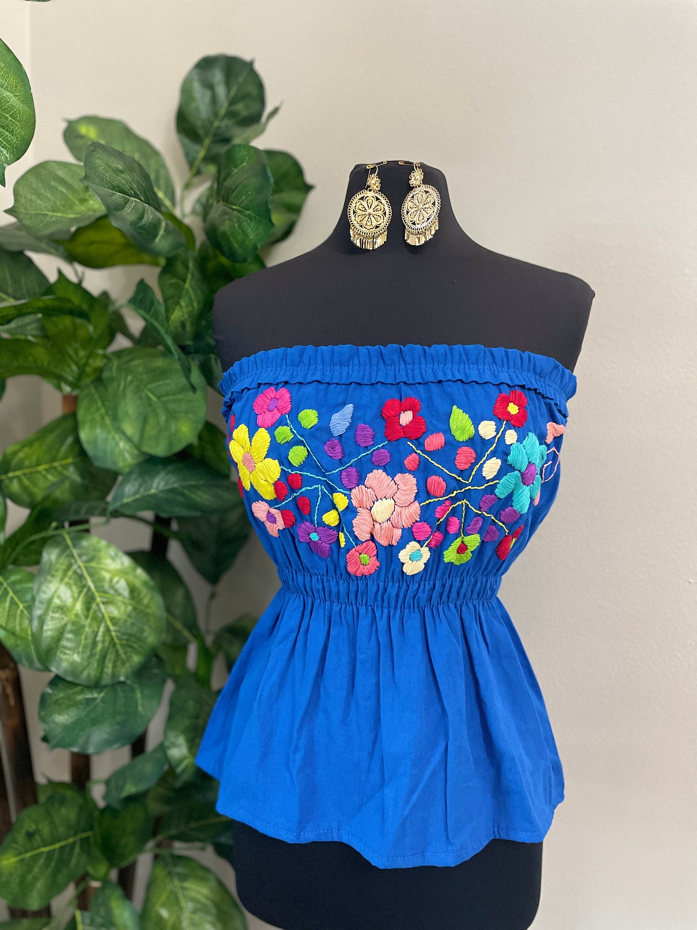 Image of Fresh Look & Beautiful Mexican Floral Halter Blouse - Artisan Made Embroidered Blouses - Floral Halter Blouse- Tube Top