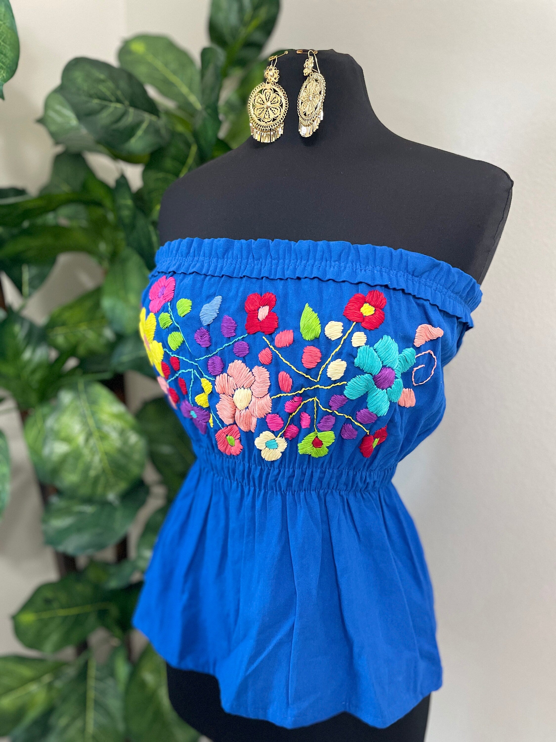 Image of Fresh Look & Beautiful Mexican Floral Halter Blouse - Artisan Made Embroidered Blouses - Floral Halter Blouse- Tube Top