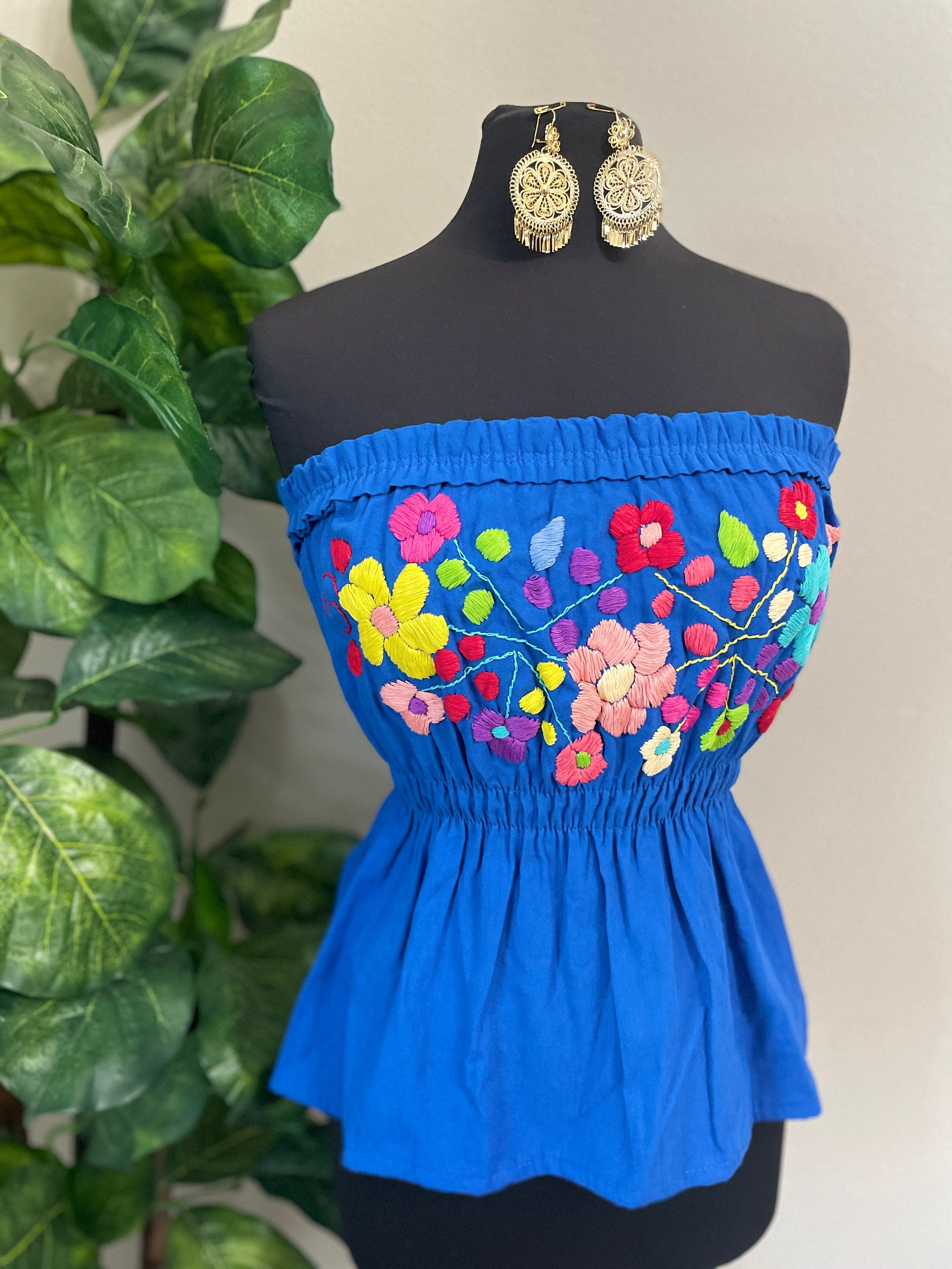 Fresh Look & Beautiful Mexican Floral Halter Blouse - Artisan Made Embroidered Blouses - Floral Halter Blouse- Tube Top