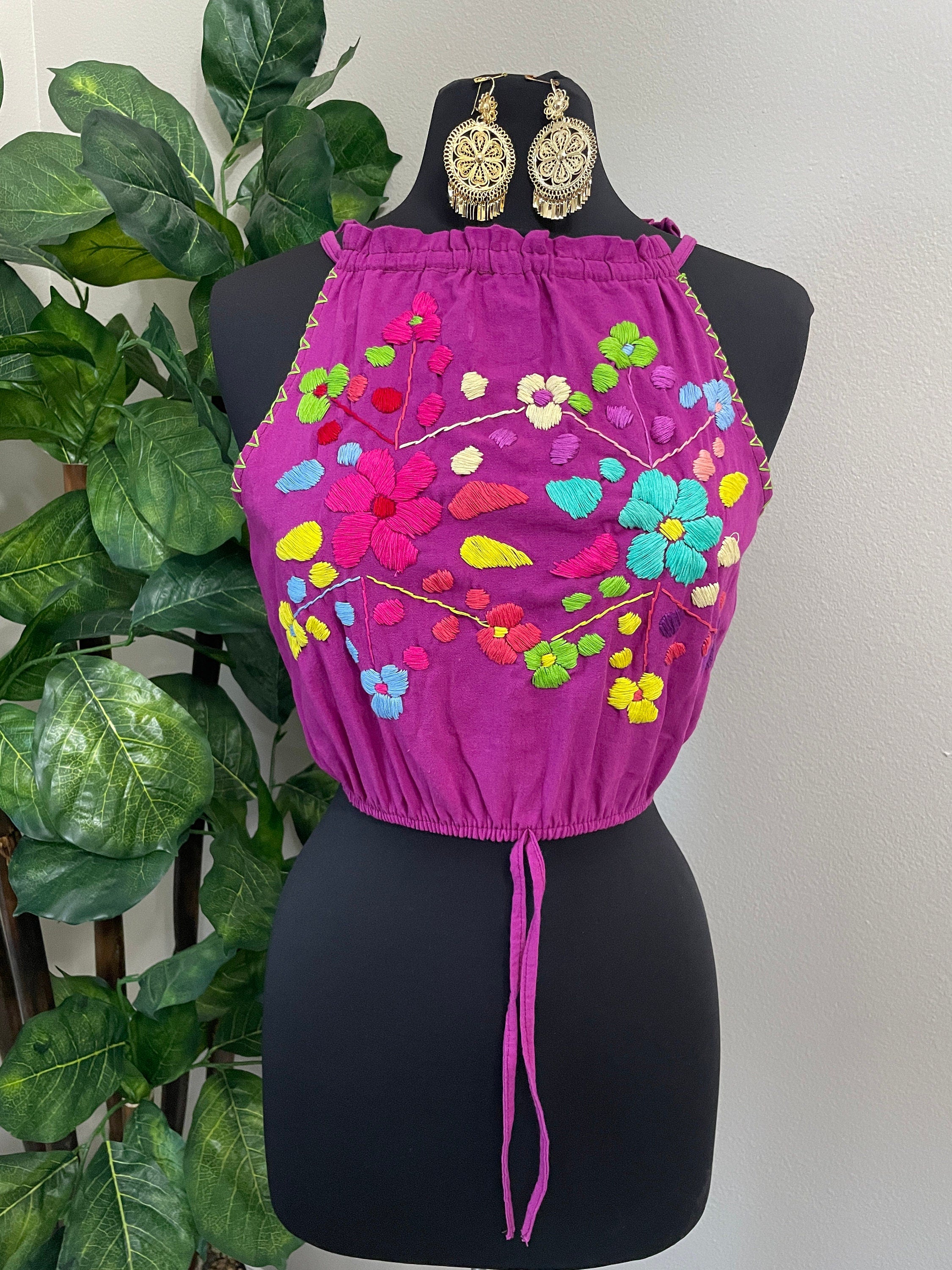 Fresh Look & Beautiful Mexican Floral Halter Blouse - Artisan Made Embroidered Blouses - Floral Halter Blouse