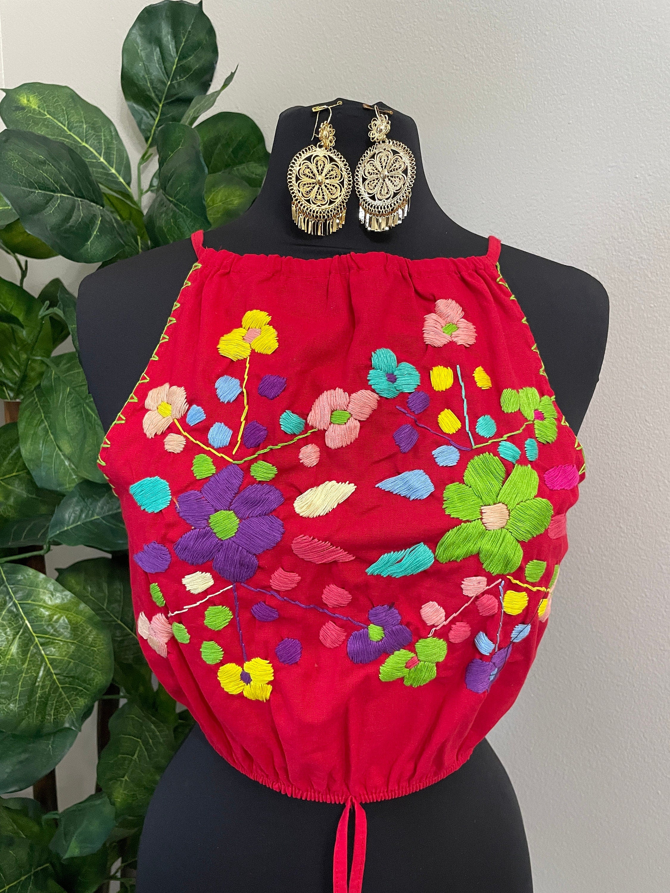 Image of Fresh Look & Beautiful Mexican Floral Halter Blouse - Artisan Made Embroidered Blouses - Floral Halter Blouse