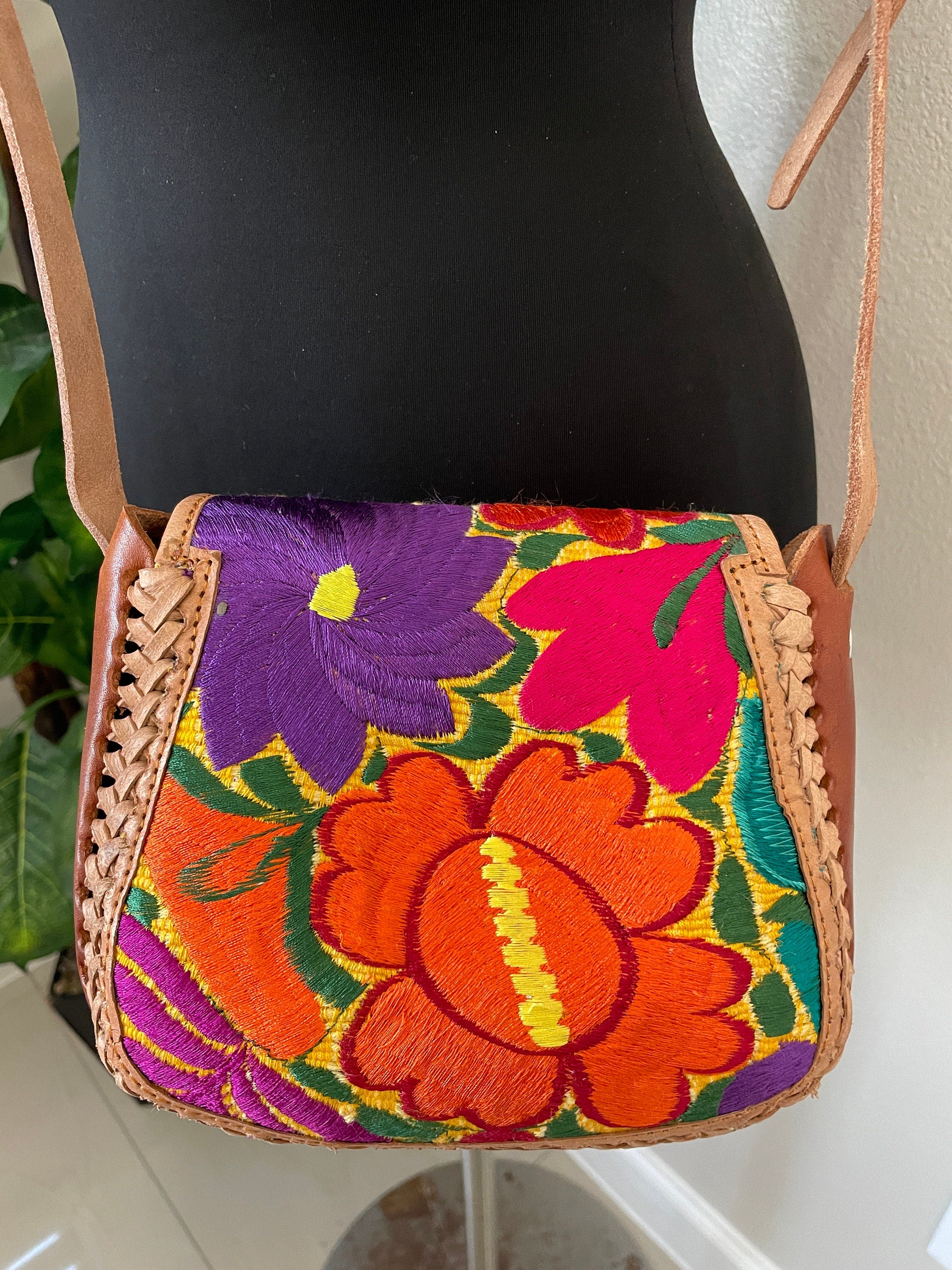 Image of Beautiful Leather Crossbody Purse - Embroidered Genuine Leather Bag