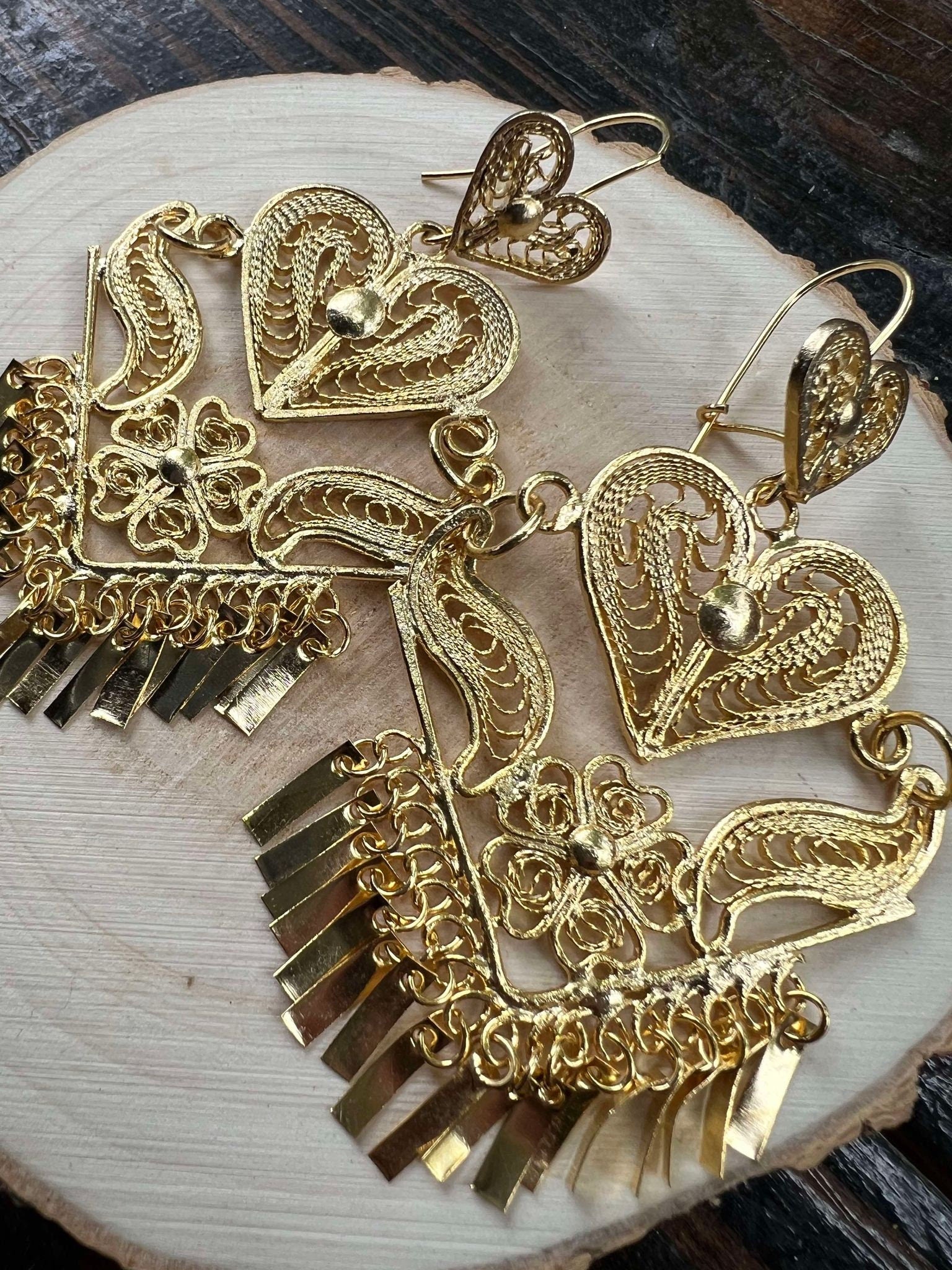 Image of Arrow Heart - Gorgeous & Elegant Mexican Artisanal Gold Plated Filigree Earrings - Beautiful Folkloric Earrings made by our Oaxaca Partners