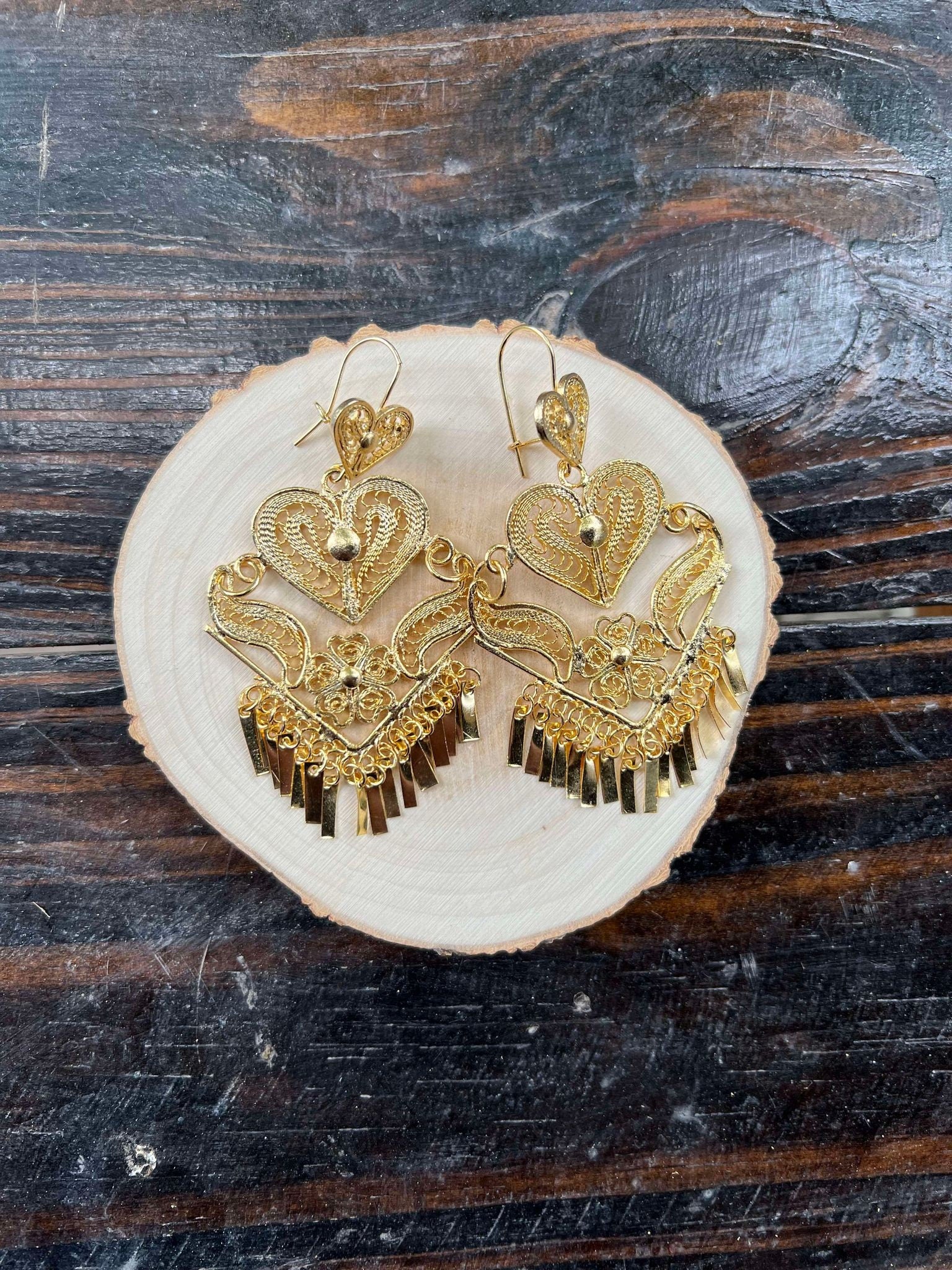 Image of Arrow Heart - Gorgeous & Elegant Mexican Artisanal Gold Plated Filigree Earrings - Beautiful Folkloric Earrings made by our Oaxaca Partners