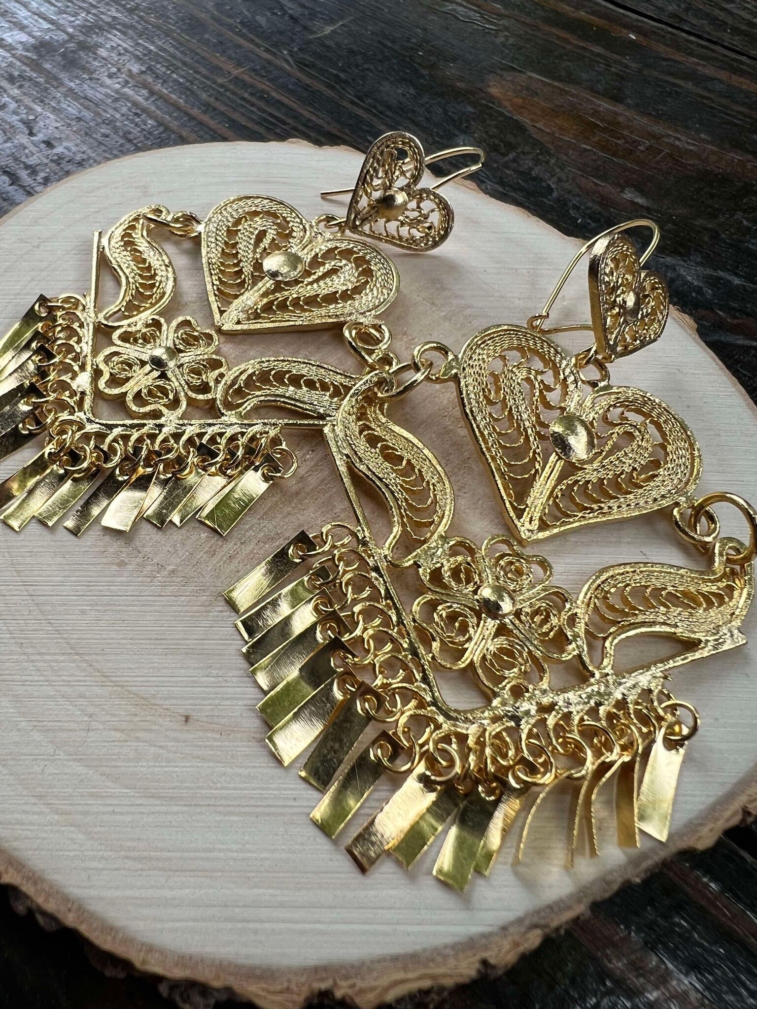 Image of Arrow Heart - Gorgeous & Elegant Mexican Artisanal Gold Plated Filigree Earrings - Beautiful Folkloric Earrings made by our Oaxaca Partners