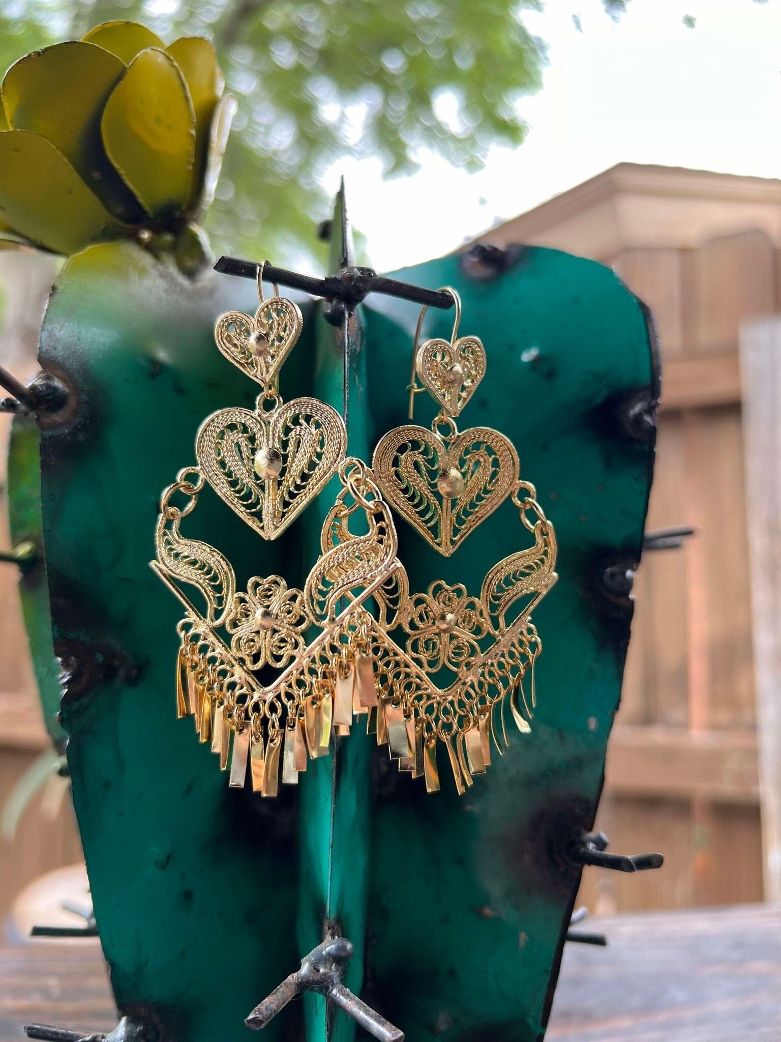 Image of Arrow Heart - Gorgeous & Elegant Mexican Artisanal Gold Plated Filigree Earrings - Beautiful Folkloric Earrings made by our Oaxaca Partners