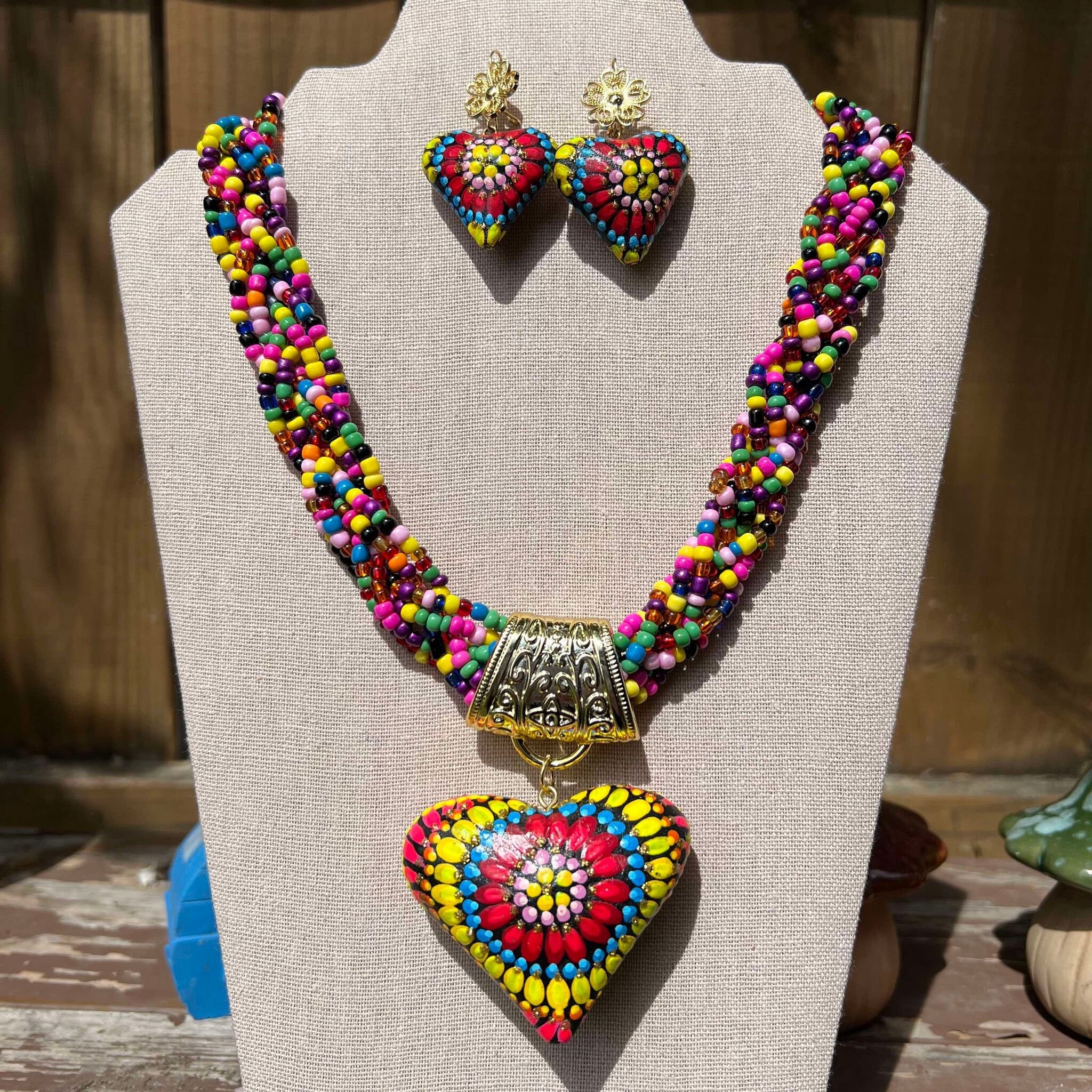 Hand Painted Artisanal Wooden Necklace - Mexican Wooden Necklace and Earring Set - Mexican Necklace made by our Oaxaca Artisan Partners