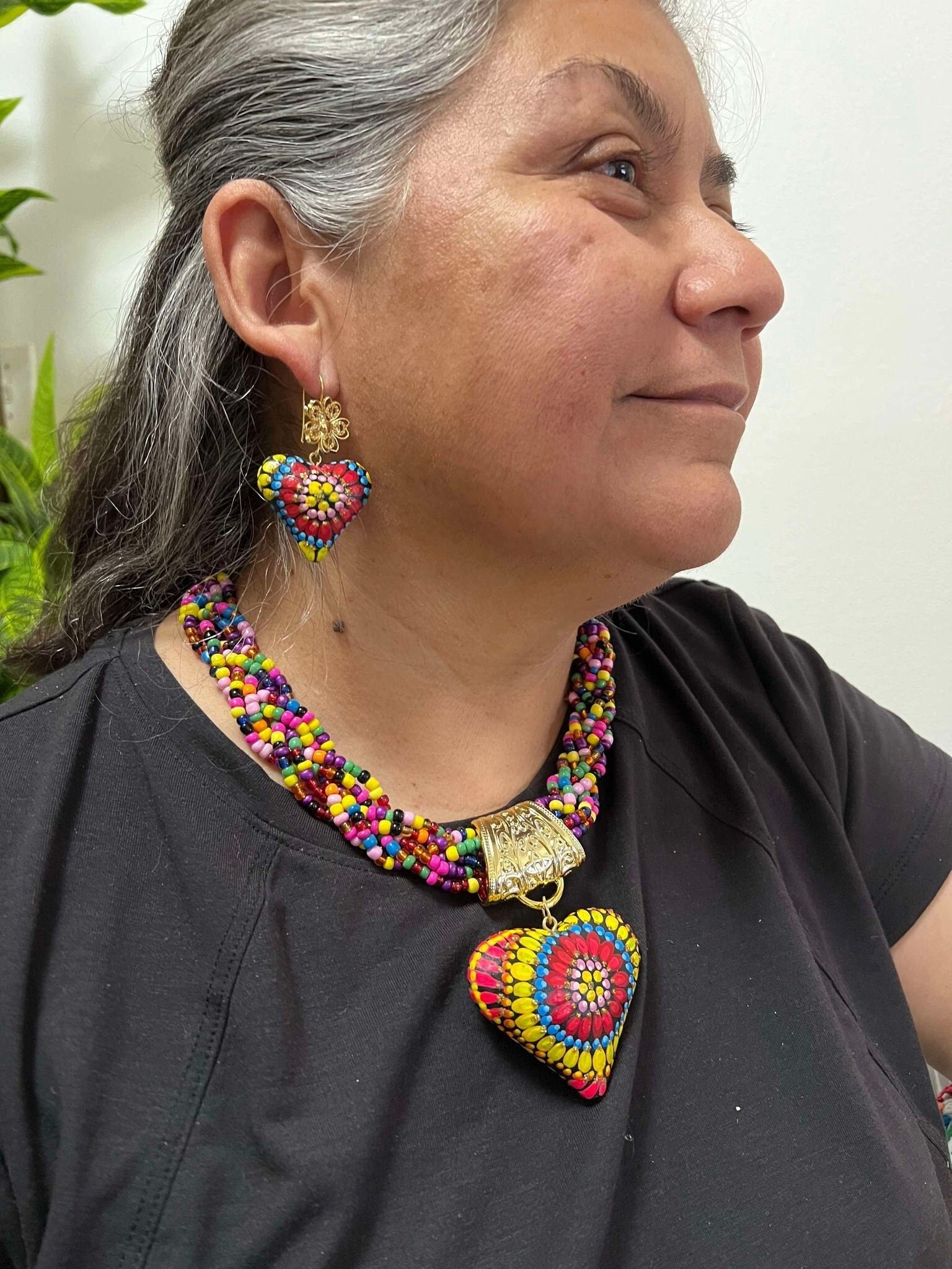 Image of Hand Painted Artisanal Wooden Necklace - Mexican Wooden Necklace and Earring Set - Mexican Necklace made by our Oaxaca Artisan Partners