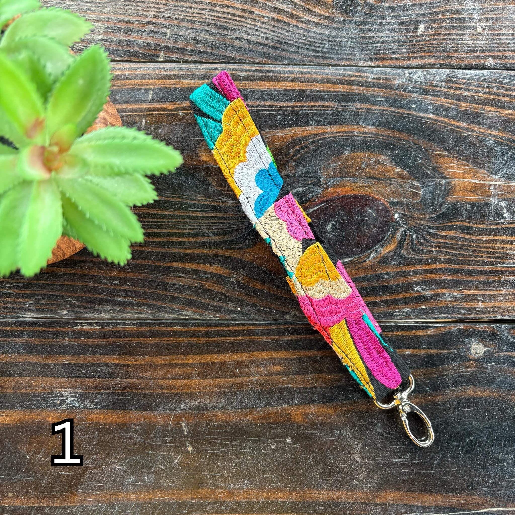 Floral Embroidered Wristlet Lanyard Key/ID Holder - Clip Lanyard Key/ID Holder - Artisanal made
