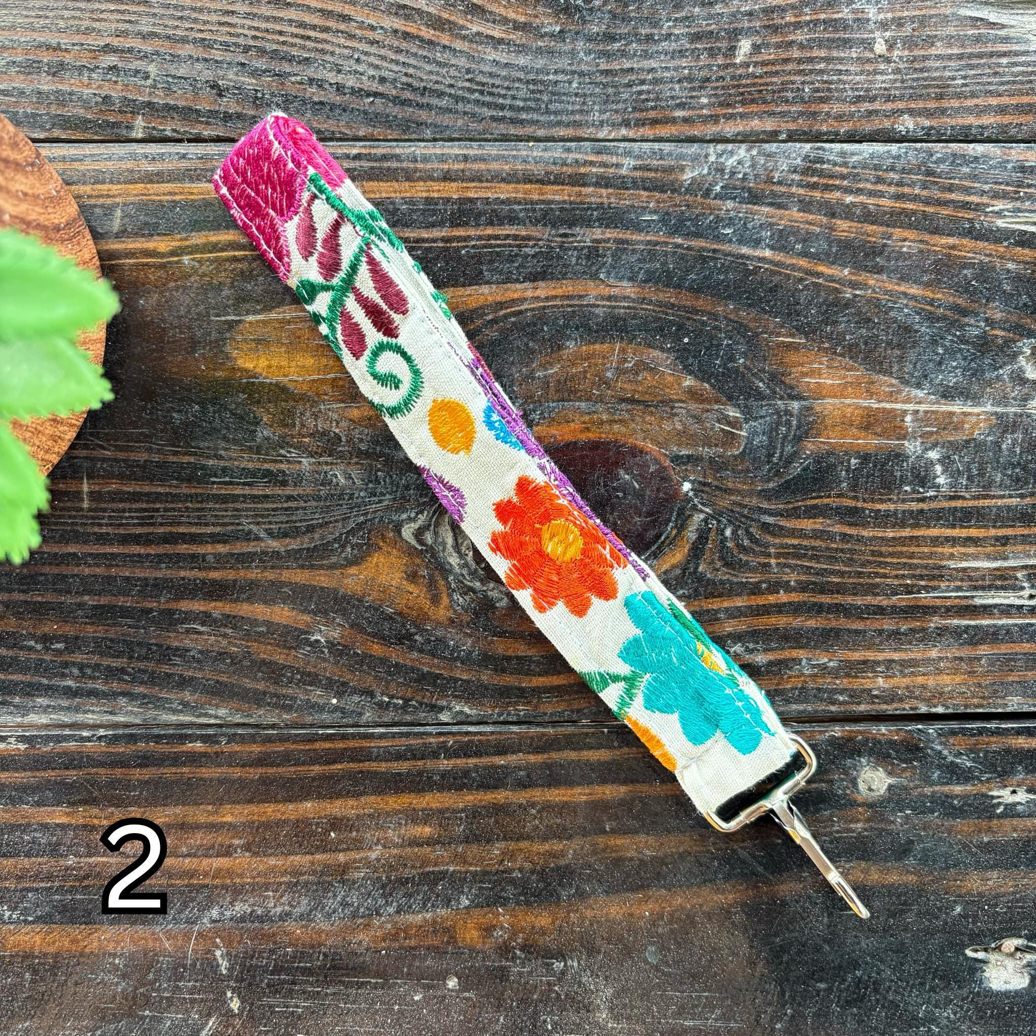 Image of Floral Embroidered Wristlet Lanyard Key/ID Holder - Clip Lanyard Key/ID Holder - Artisanal made