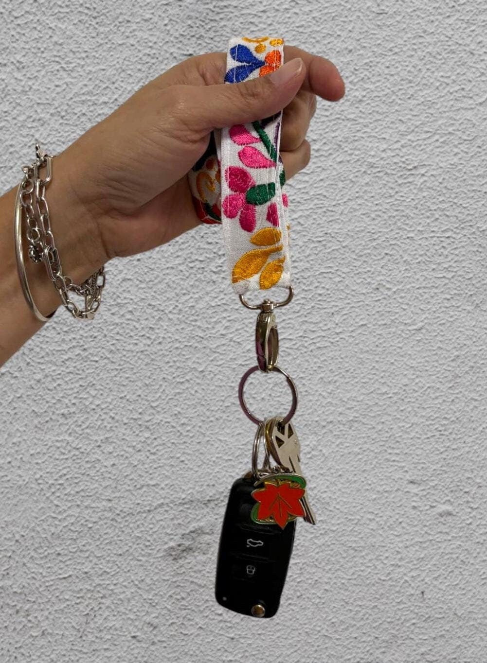 Image of Floral Embroidered Wristlet Lanyard Key/ID Holder - Clip Lanyard Key/ID Holder - Artisanal made