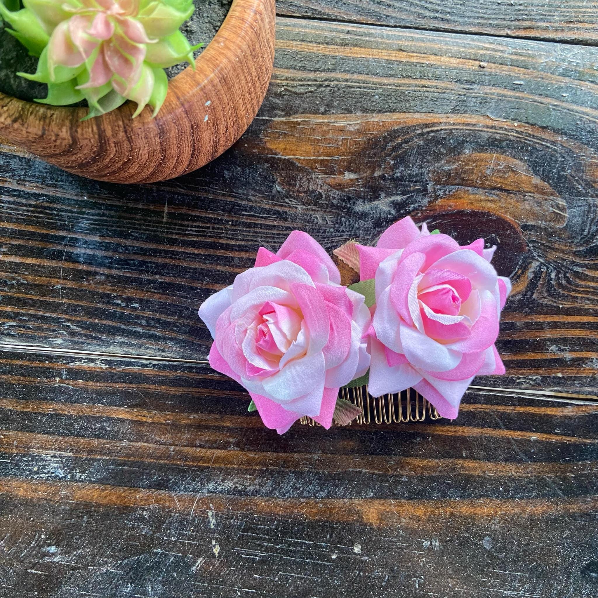 Image of Handwoven Satin Ribbon Flower Hair Comb – Artisanal Fabric Hair Piece