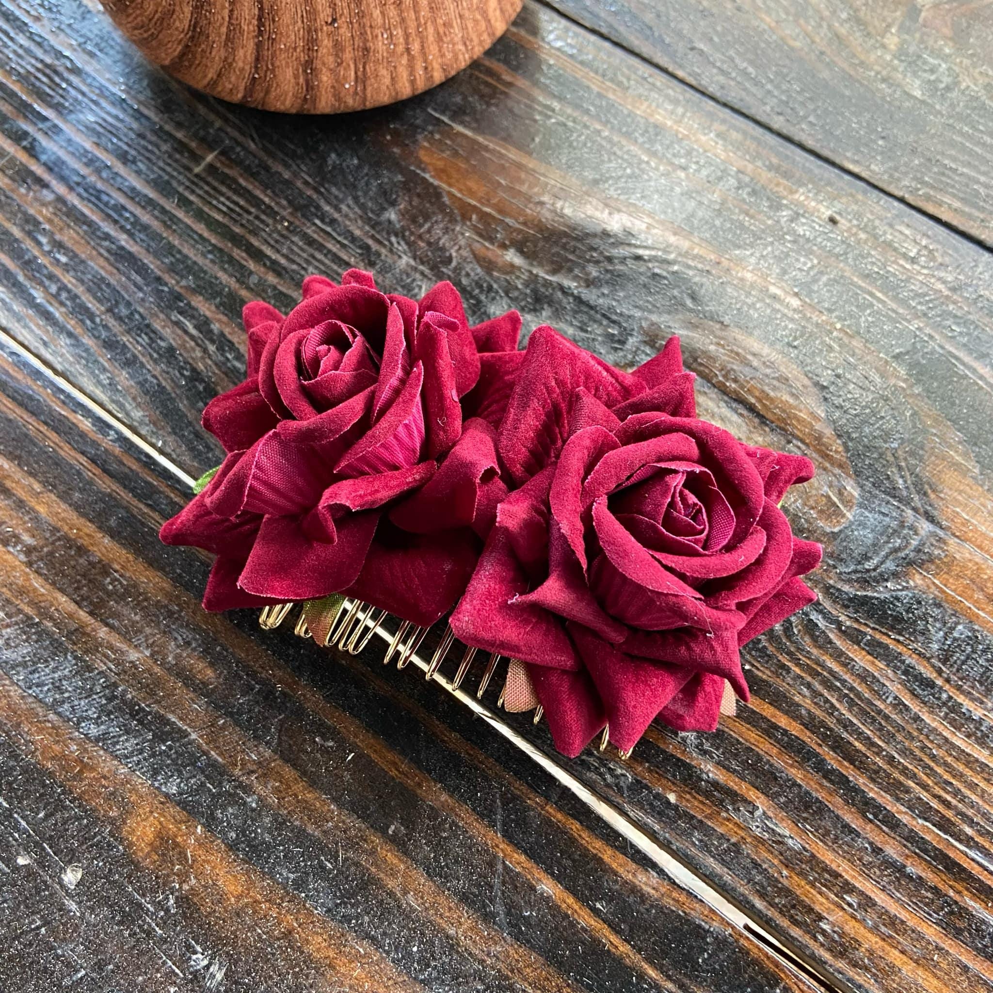 Image of Handwoven Satin Ribbon Flower Hair Comb – Artisanal Fabric Hair Piece