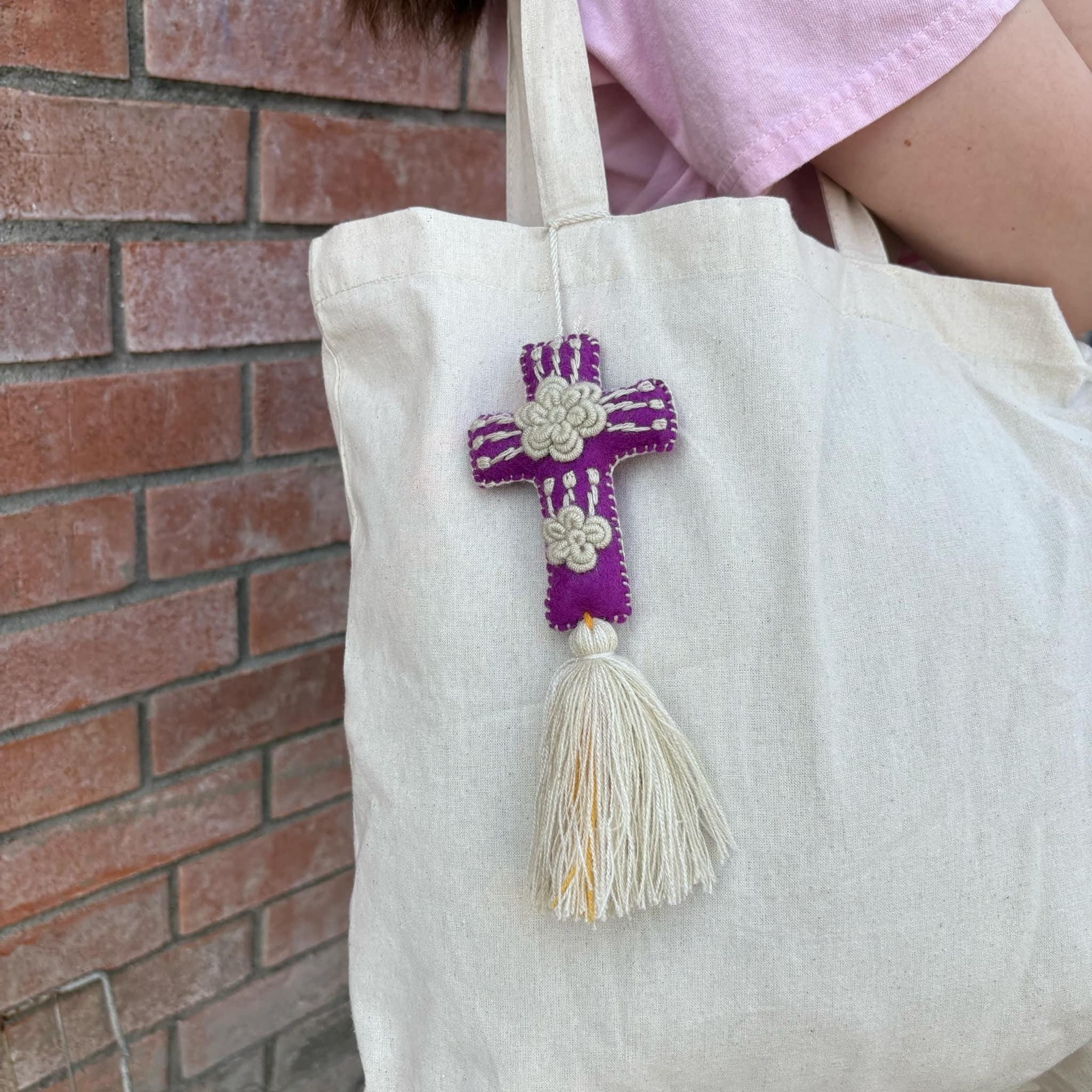 Image of Hand-embroidered Cross keychain or handbag charm, backpack charm, accessories, bag decor, cross, tassel charm, charms, pompom, cross charm