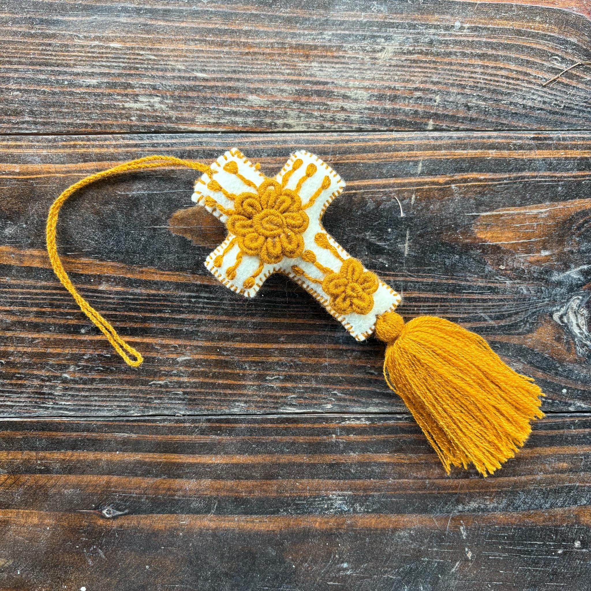 Hand-embroidered Cross keychain or handbag charm, backpack charm, accessories, bag decor, cross, tassel charm, charms, pompom, cross charm