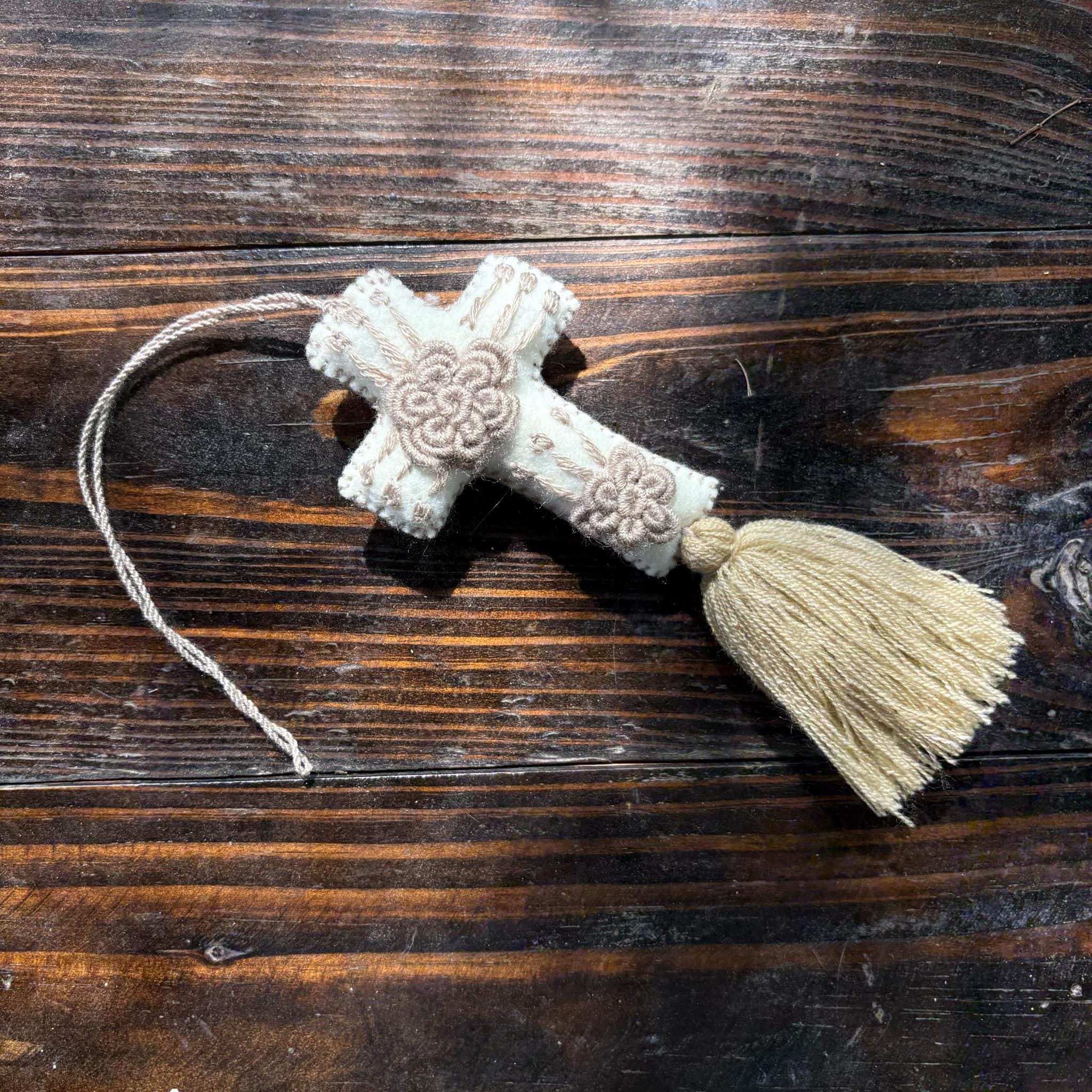 Image of Hand-embroidered Cross keychain or handbag charm, backpack charm, accessories, bag decor, cross, tassel charm, charms, pompom, cross charm