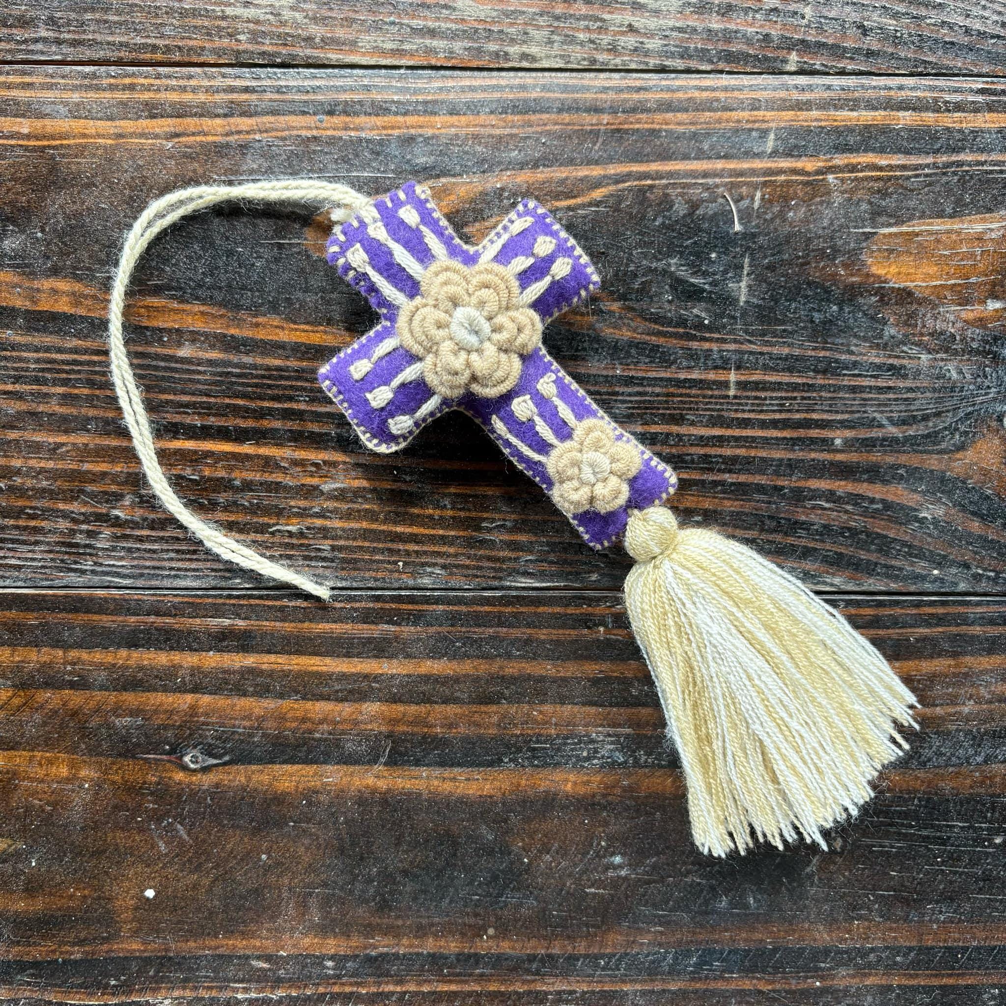 Image of Hand-embroidered Cross keychain or handbag charm, backpack charm, accessories, bag decor, cross, tassel charm, charms, pompom, cross charm