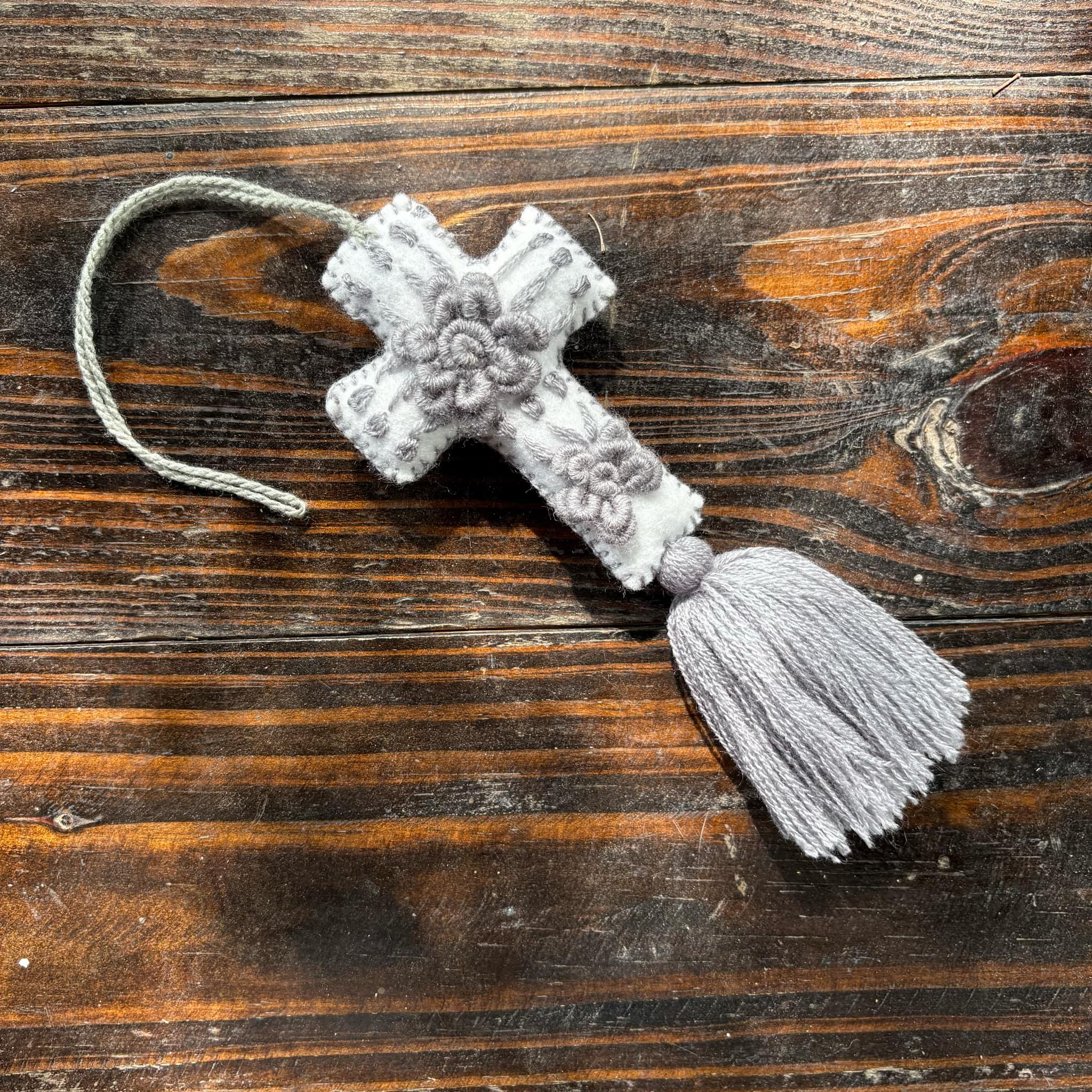 Image of Hand-embroidered Cross keychain or handbag charm, backpack charm, accessories, bag decor, cross, tassel charm, charms, pompom, cross charm