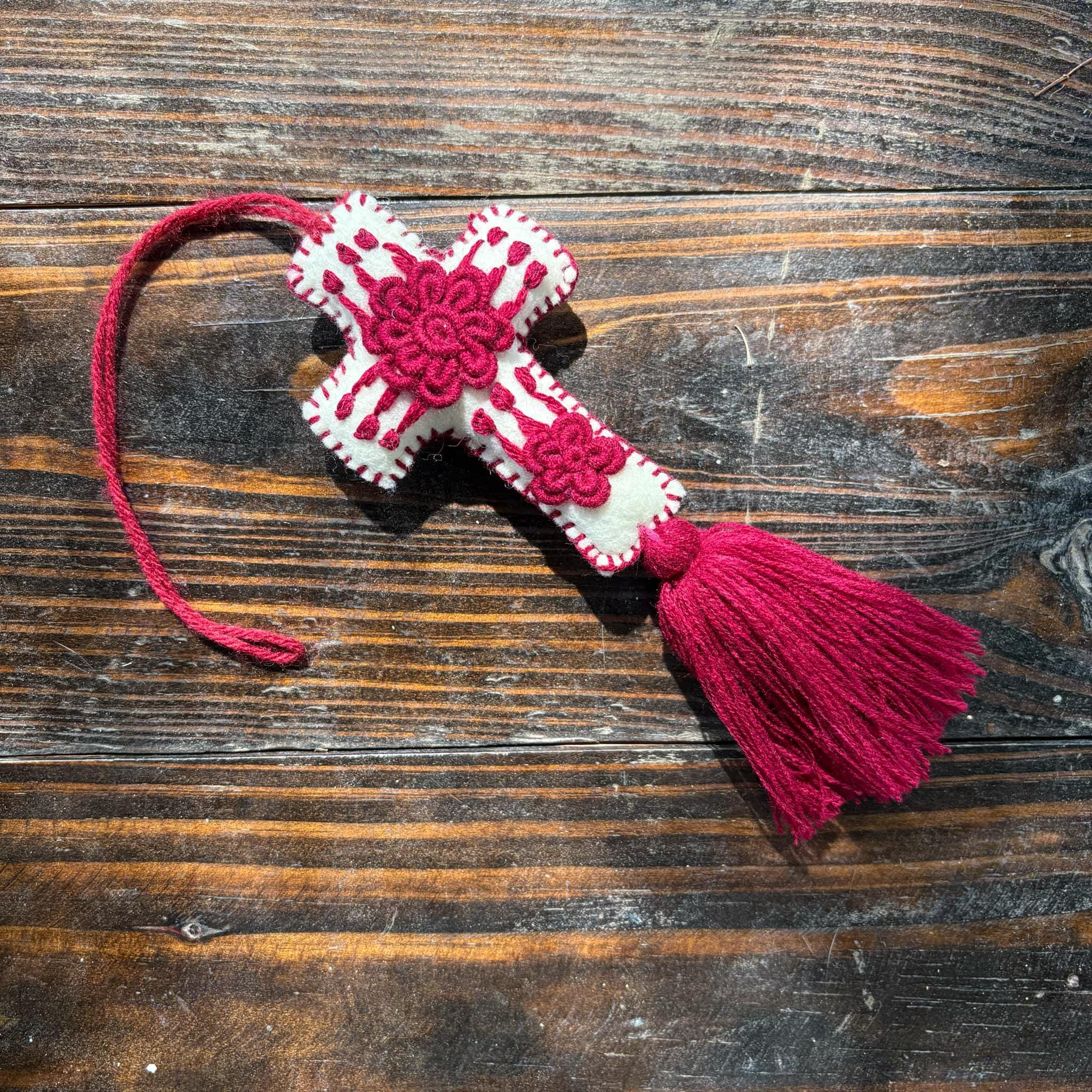 Hand-embroidered Cross keychain or handbag charm, backpack charm, accessories, bag decor, cross, tassel charm, charms, pompom, cross charm