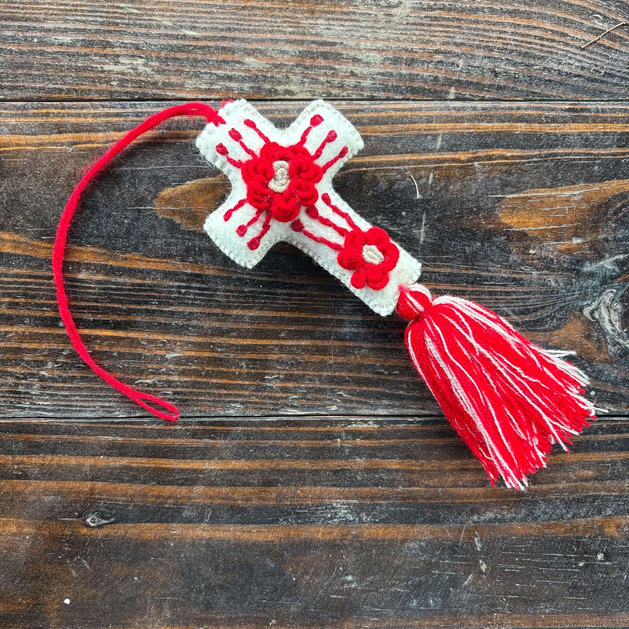 Image of Hand-embroidered Cross keychain or handbag charm, backpack charm, accessories, bag decor, cross, tassel charm, charms, pompom, cross charm