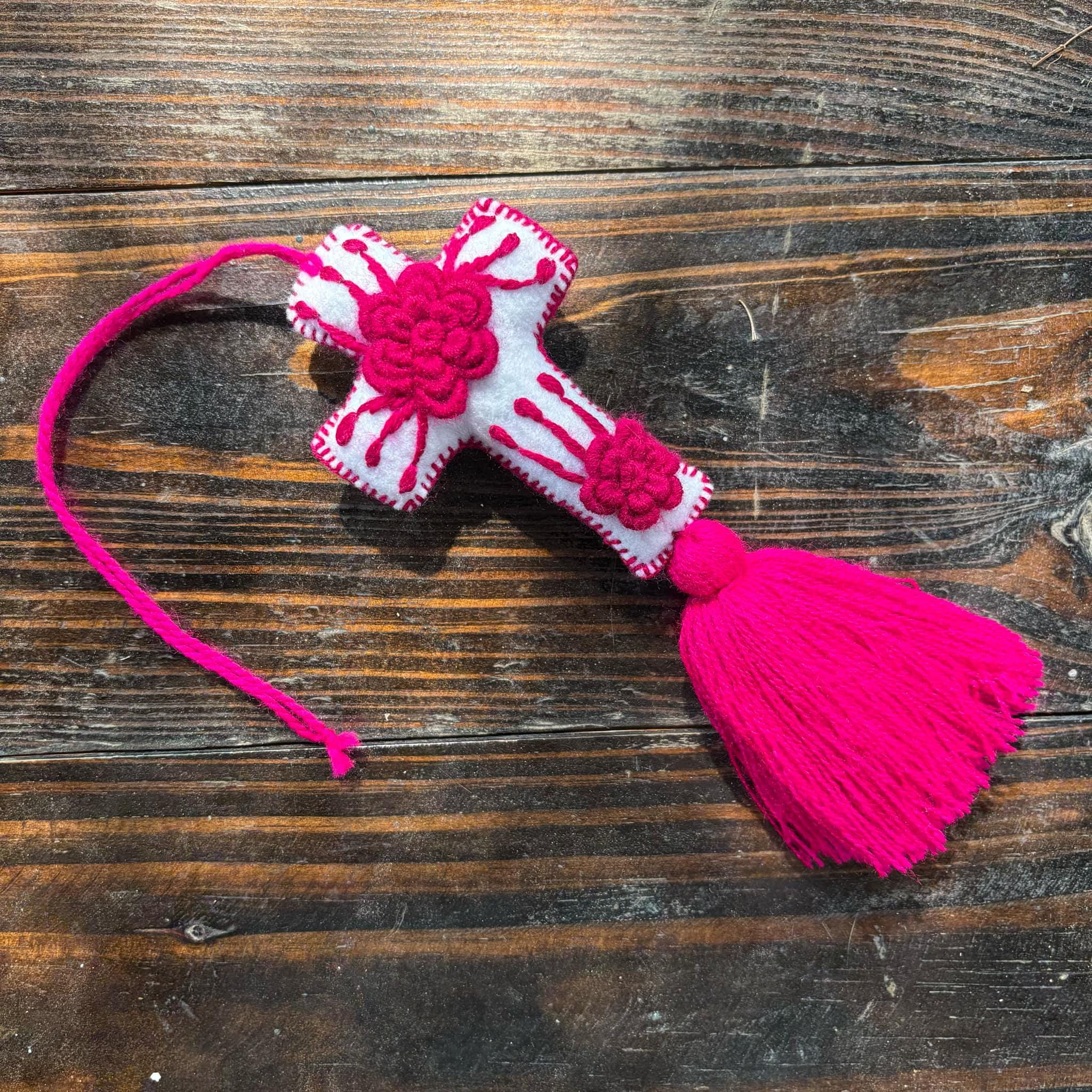 Hand-embroidered Cross keychain or handbag charm, backpack charm, accessories, bag decor, cross, tassel charm, charms, pompom, cross charm