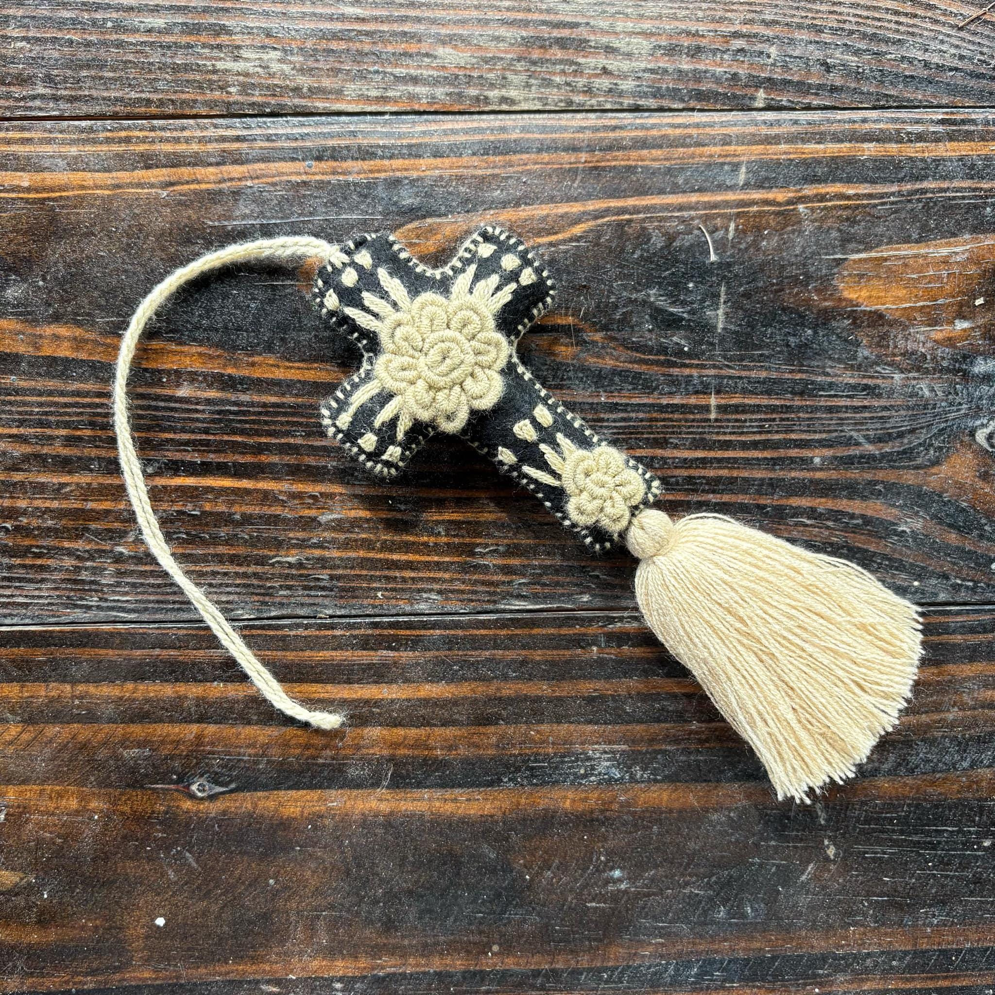 Image of Hand-embroidered Cross keychain or handbag charm, backpack charm, accessories, bag decor, cross, tassel charm, charms, pompom, cross charm