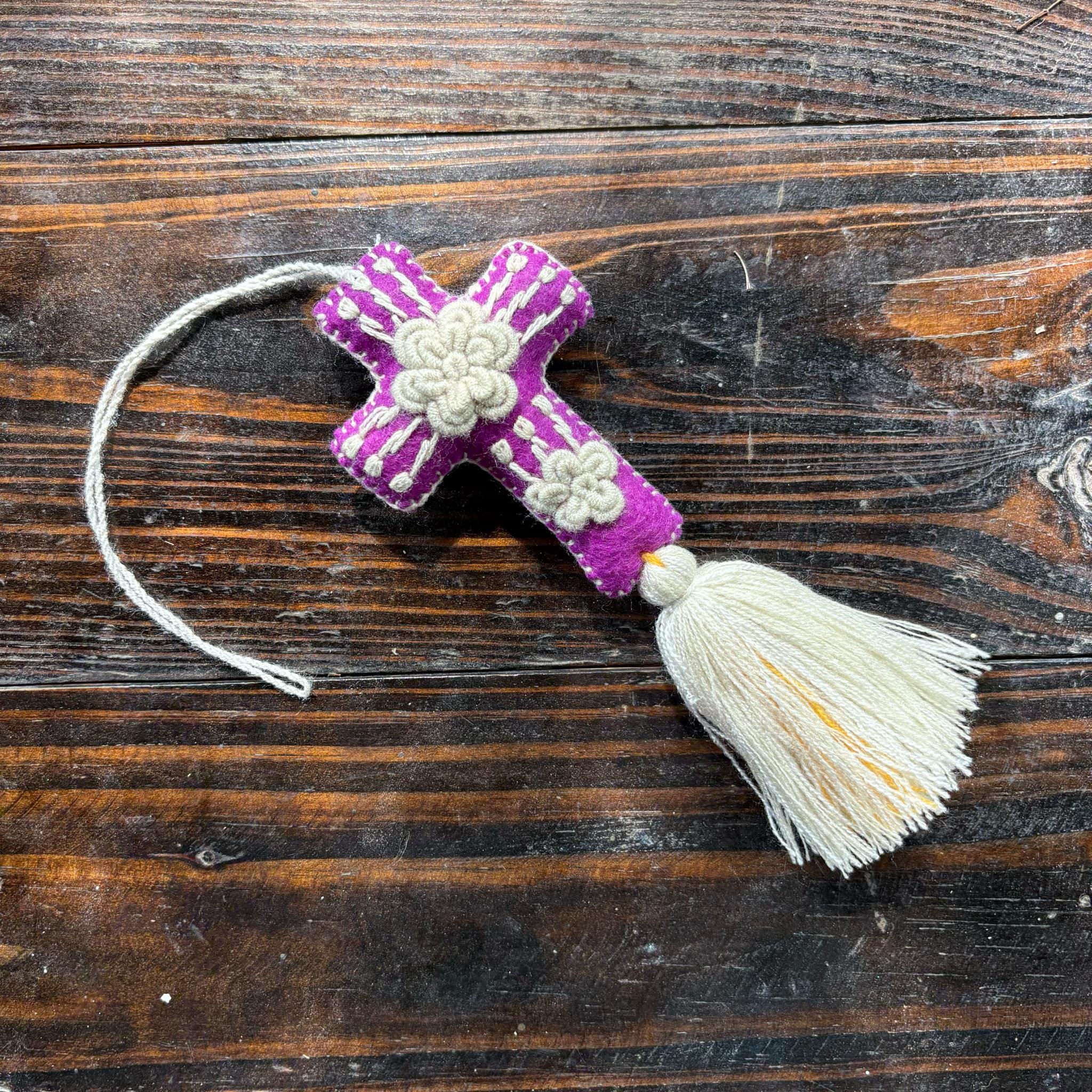 Image of Hand-embroidered Cross keychain or handbag charm, backpack charm, accessories, bag decor, cross, tassel charm, charms, pompom, cross charm