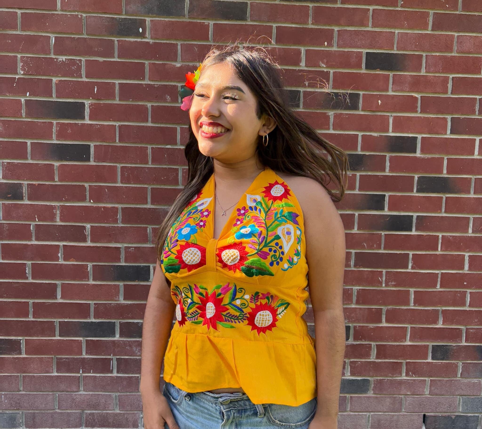 Image of Summertime Mexican Halter Blouses - Artisan Made Embroidered Blouses - Floral Halter Blouse
