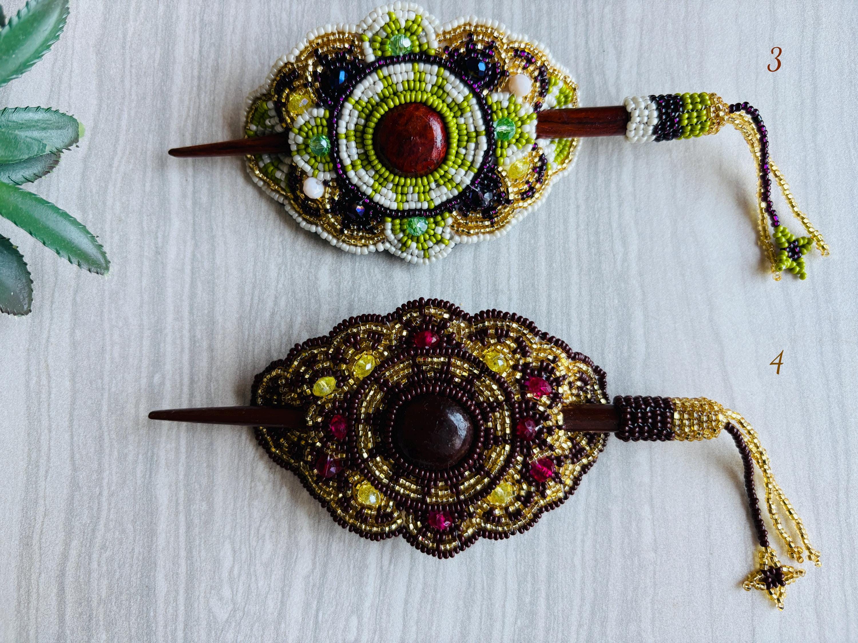 Image of Gorgeous Hand Beaded Hair Stick Barrette - Handmade Barrette - Artisanal Hair Accessory