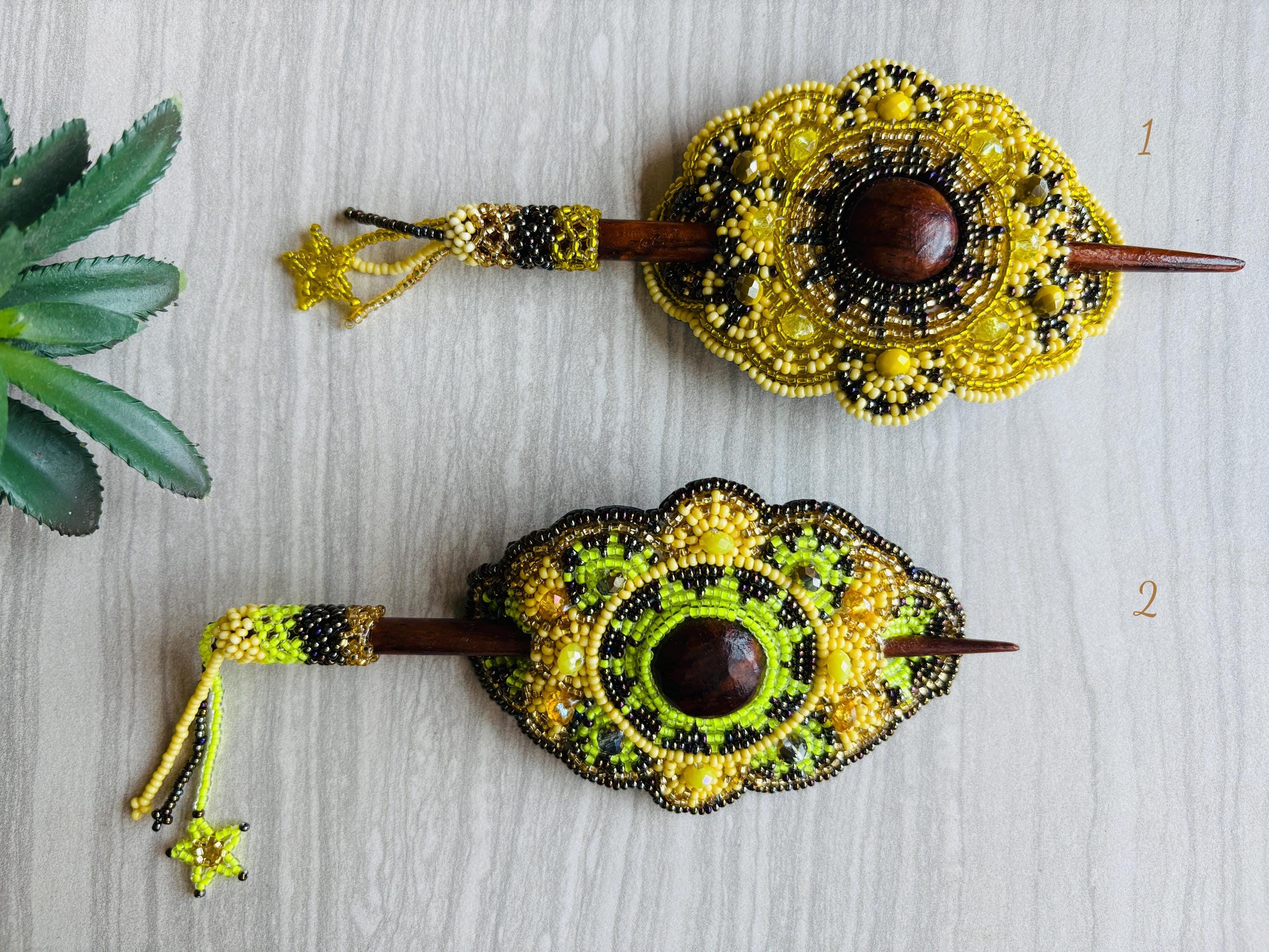 Image of Gorgeous Hand Beaded Hair Stick Barrette - Handmade Barrette - Artisanal Hair Accessory