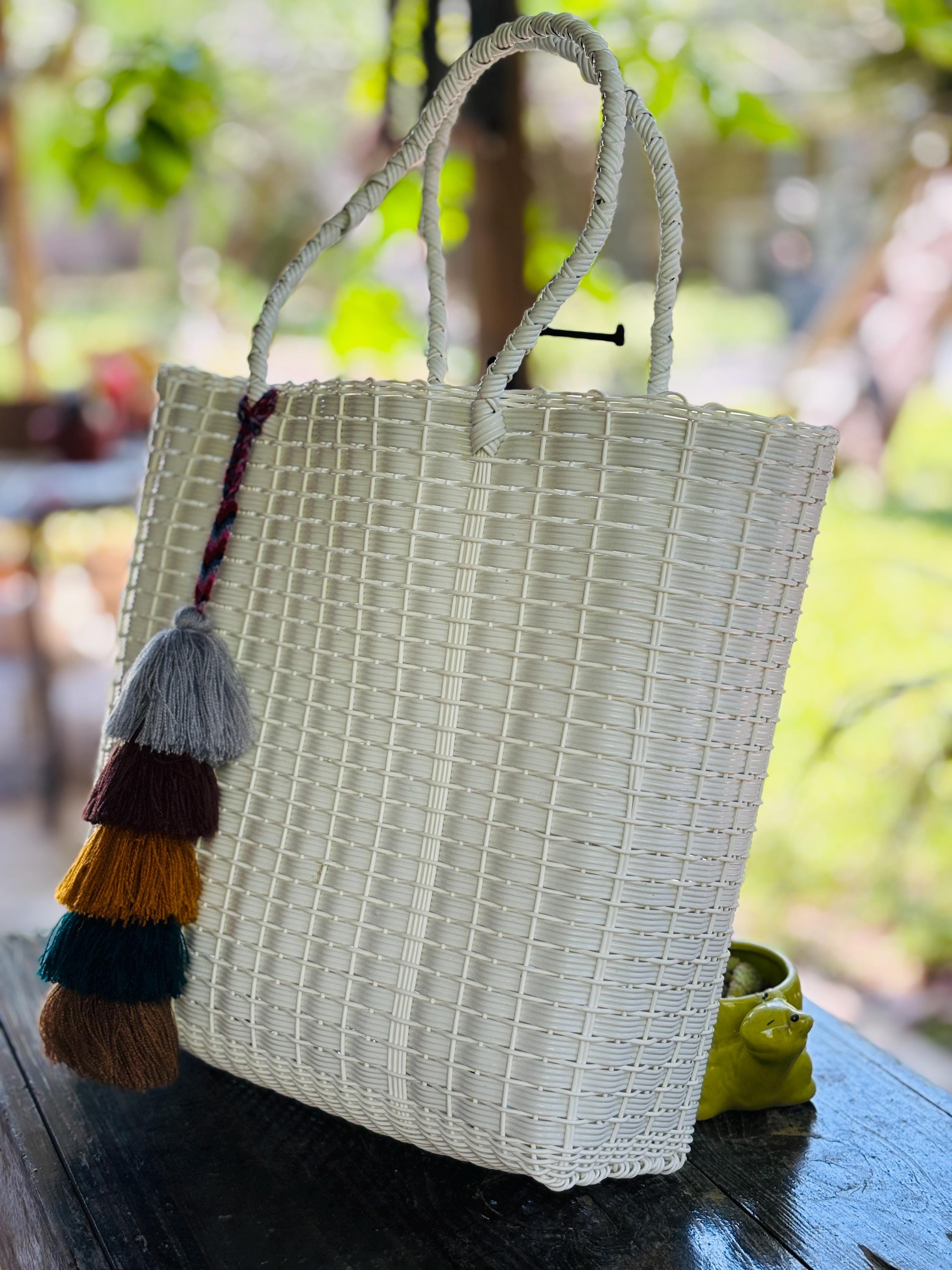 White Handwoven Recycled Plastic Bag - Artisan Made Bag from Chiapas, Mexico - Great as a Groceries, Beach, Birthday Gift Bag