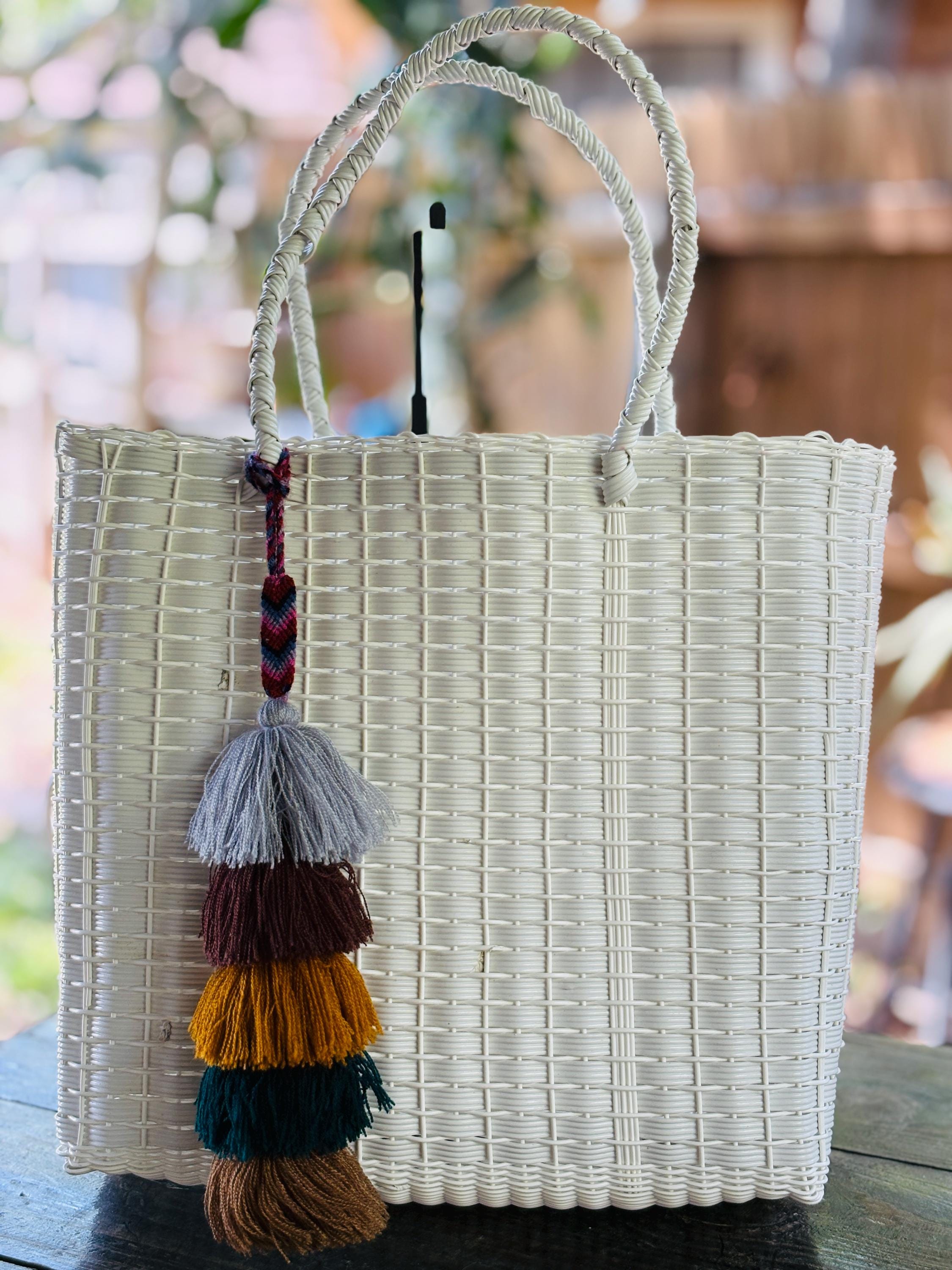Image of White Handwoven Recycled Plastic Bag - Artisan Made Bag from Chiapas, Mexico - Great as a Groceries, Beach, Birthday Gift Bag