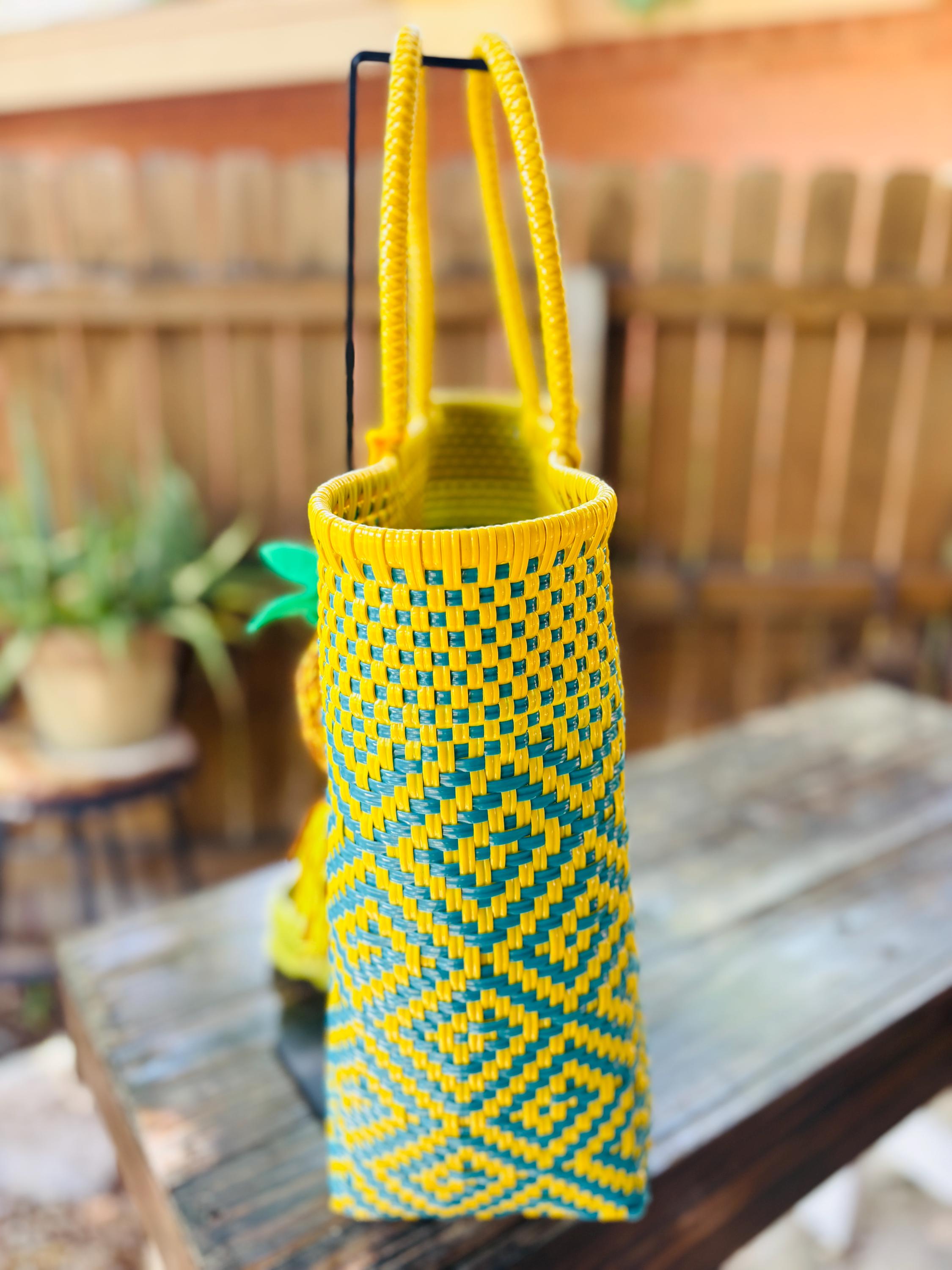 Image of Handwoven Recycled Plastic Bag: Mexican Artisan Beach Tote with Pineapple Tassel