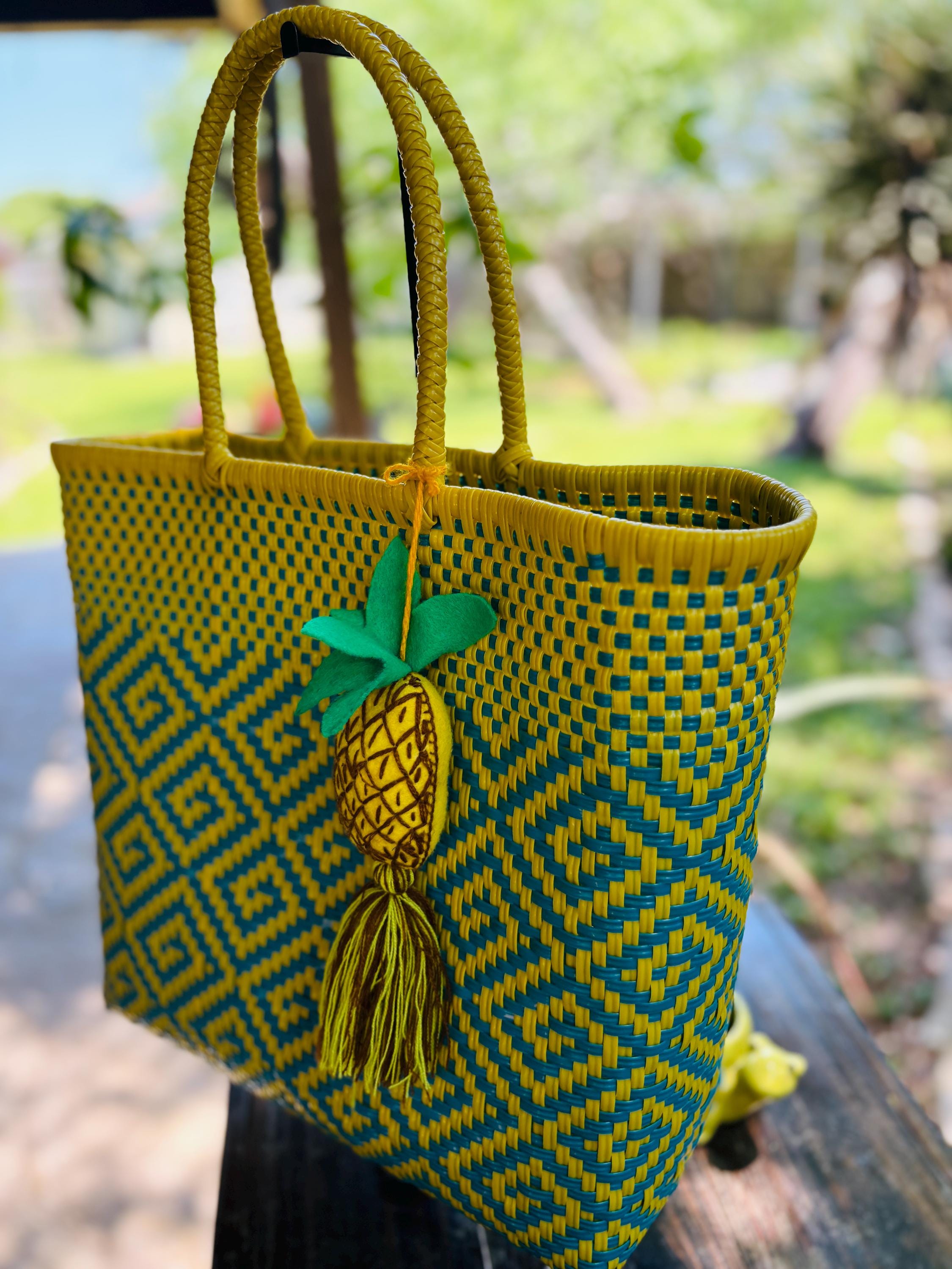 Handwoven Recycled Plastic Bag: Mexican Artisan Beach Tote with Pineapple Tassel